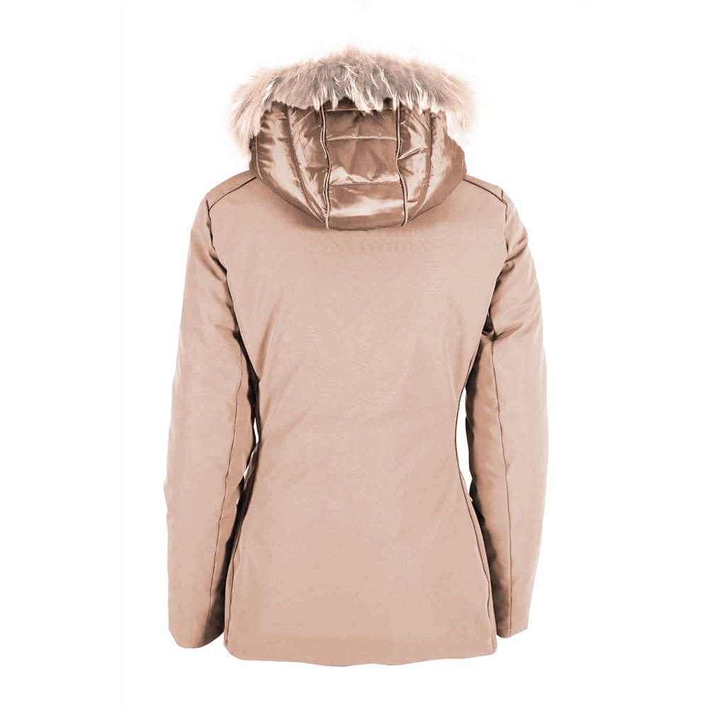 Chaqueta de plumas beige con capucha de piel Yes Zee Chic