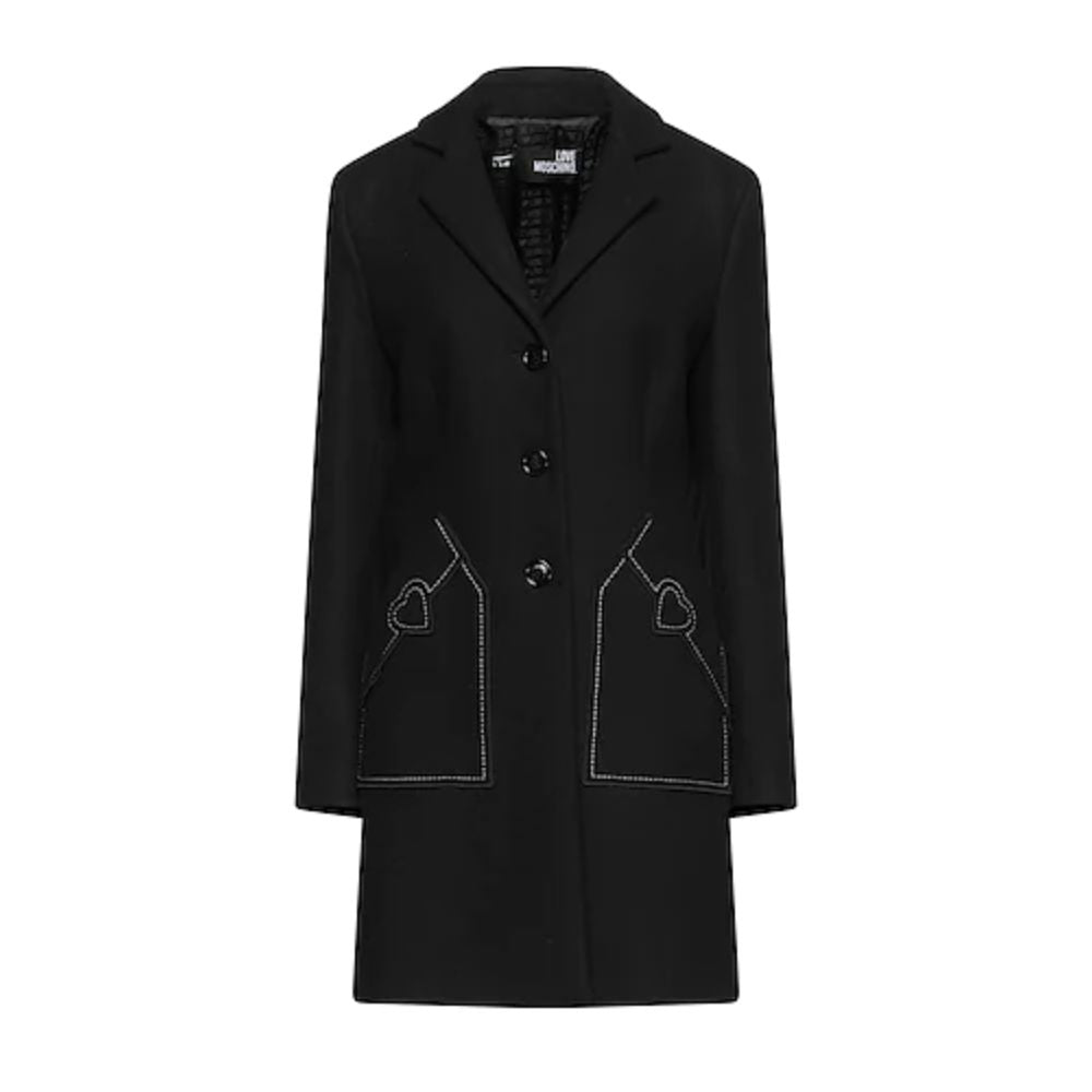 Manteau noir en laine mélangée chic Love Moschino avec détail cœur