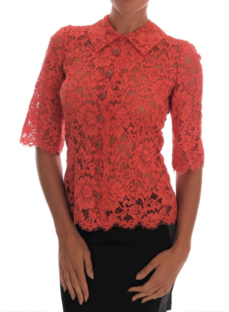 Blusa tipo cárdigan con encaje floral y cristales en color naranja elegante de Dolce &amp; Gabbana