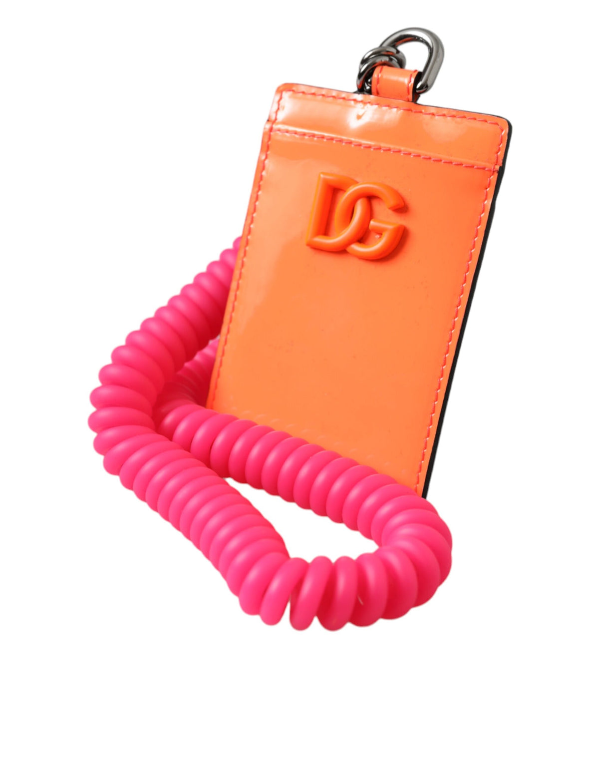 Dolce & Gabbana Orange Pink Leather DG Logo Neck Strap Card Holder Wallet