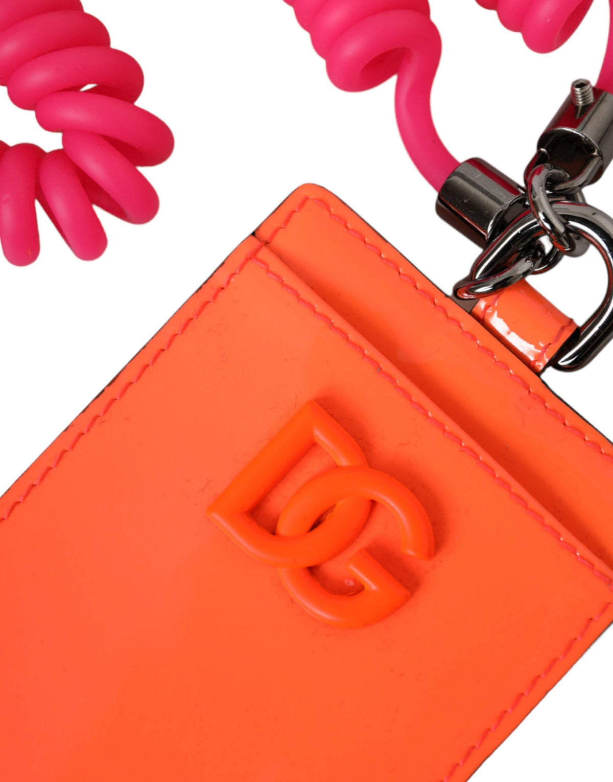 Dolce & Gabbana Orange Pink Leather DG Logo Neck Strap Card Holder Wallet