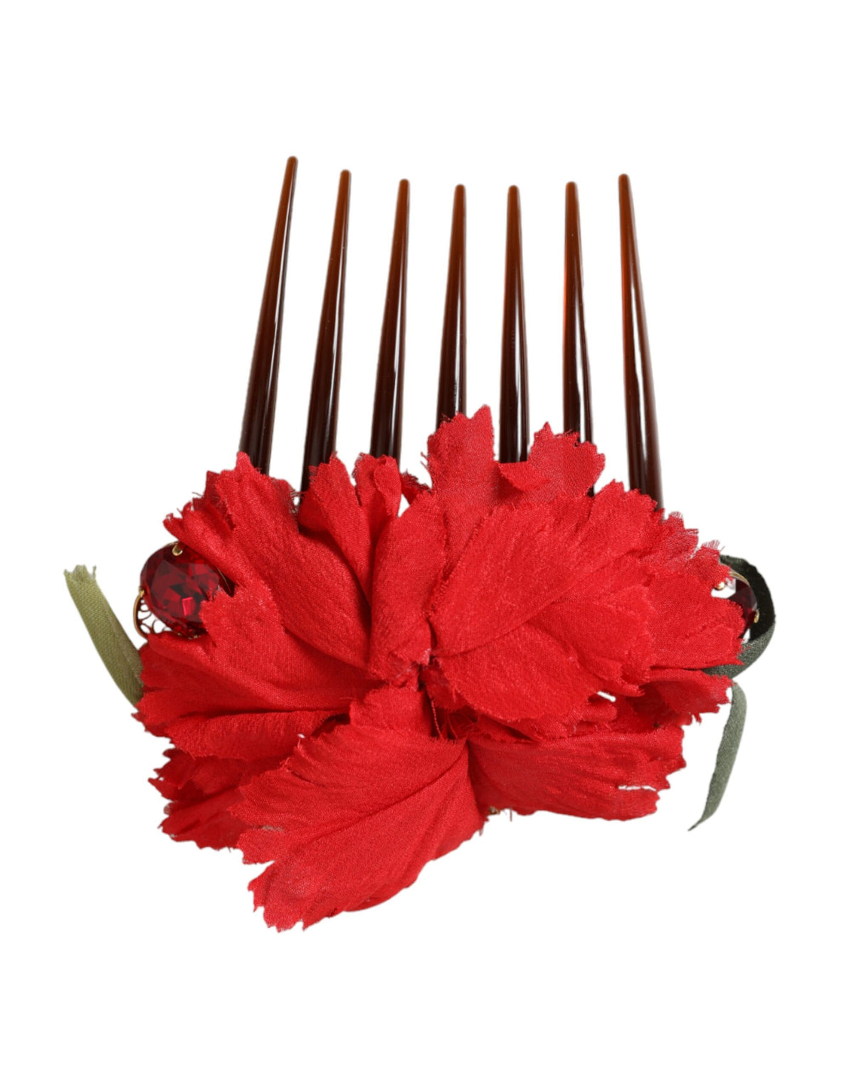 Dolce & Gabbana Red Silk Floral Gold Brass Women Hair Comb