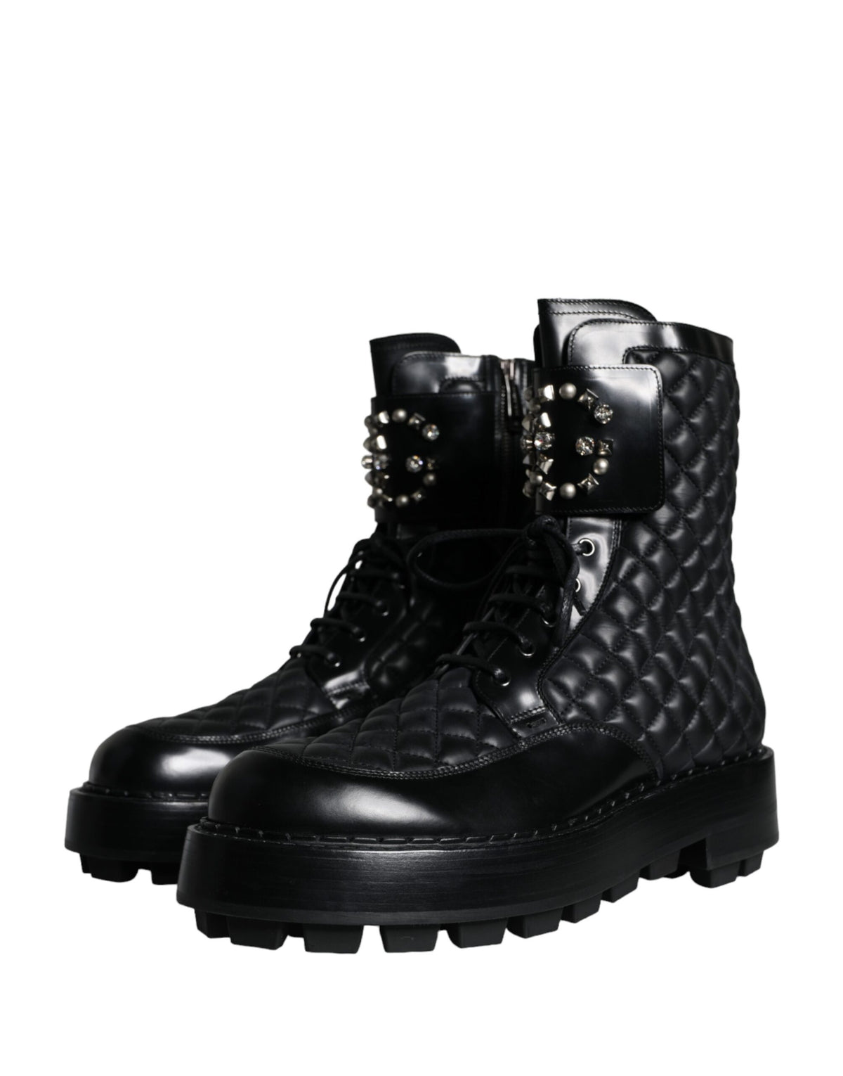 Dolce & Gabbana Black Quilted Crystal DG Logo Men Boots Shoes