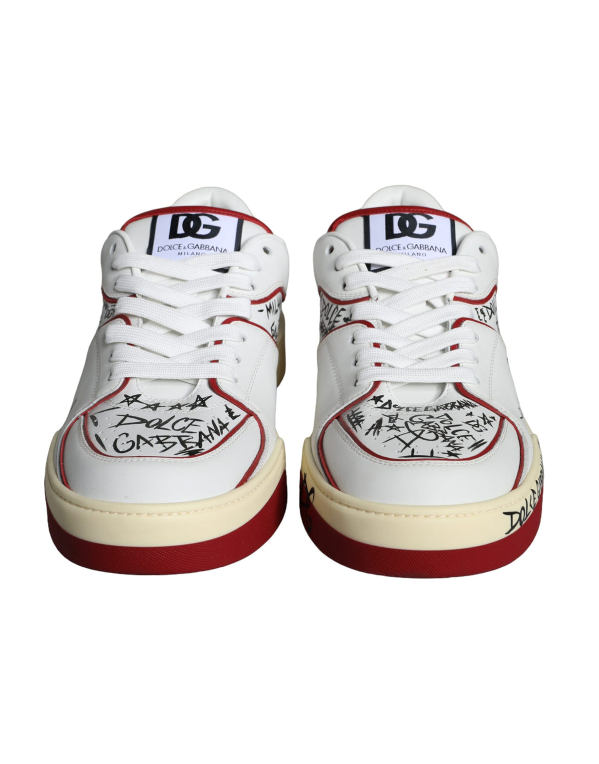 Dolce & Gabbana Red White Printed Leather Low Top Men Sneakers Shoes