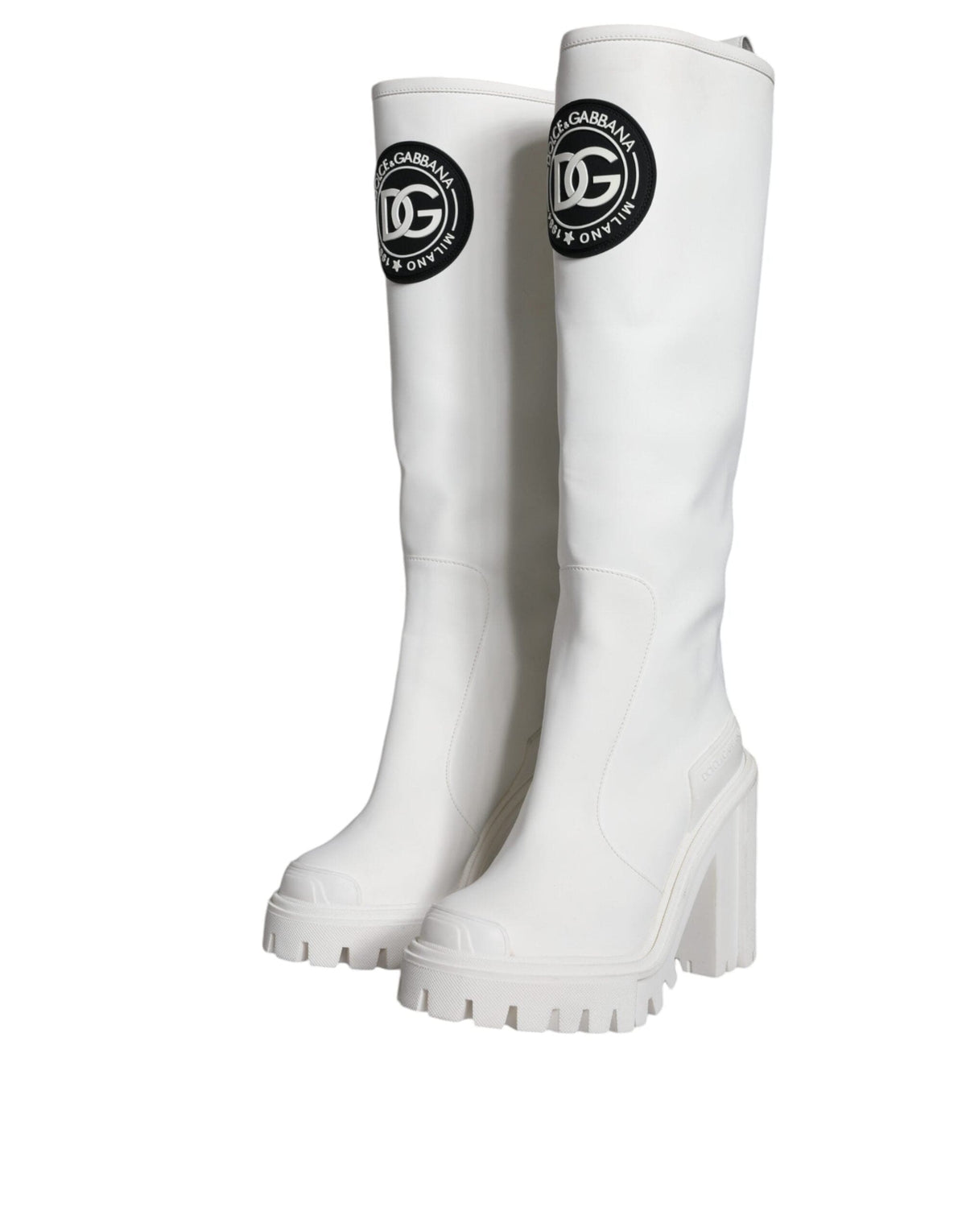 Dolce & Gabbana White Cotton Logo Heels Knee High Boots Shoes