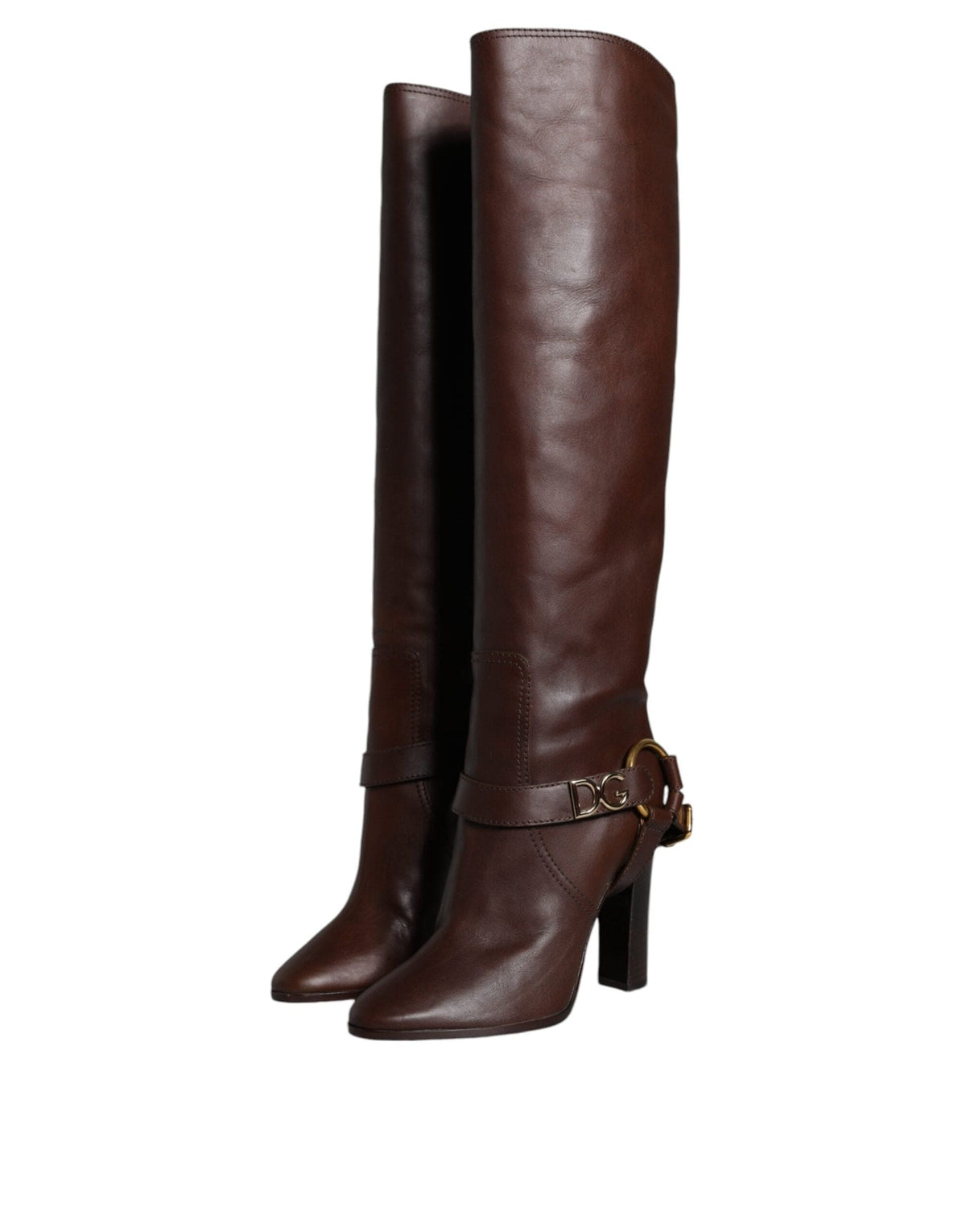 Dolce & Gabbana Brown Leather Gold Tone Logo High Boots Shoes