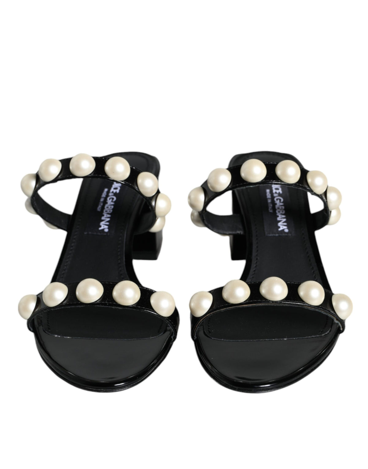 Dolce & Gabbana Black Leather Pearls Slides Sandals Shoes