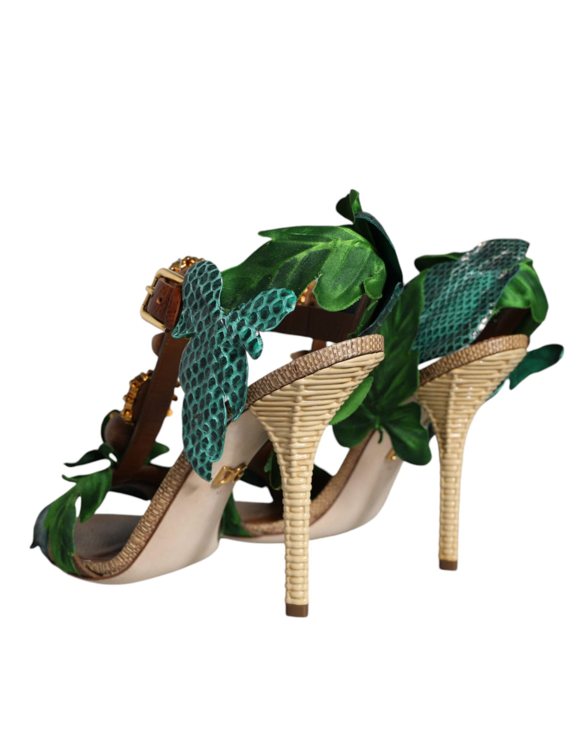 Dolce & Gabbana Emerald Embellished Leather Heels Sandals Shoes