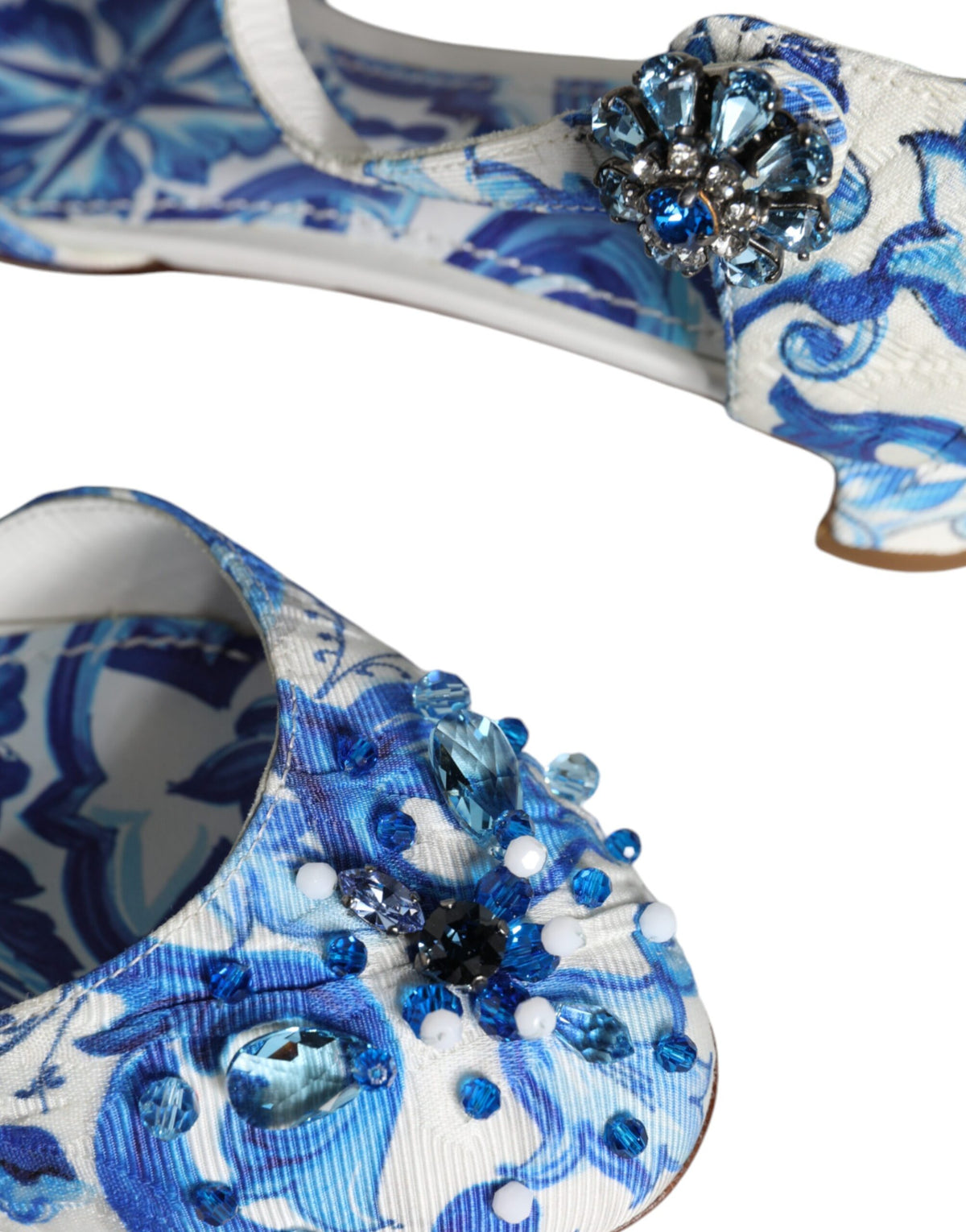 Dolce & Gabbana White Blue Majolica Print Ankle Strap Sandals Shoes