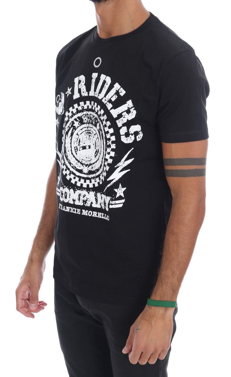 Camiseta elegante de cuello redondo negra con motivo 'RIDERS' de Frankie Morello