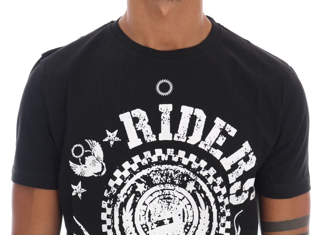 Camiseta elegante de cuello redondo negra con motivo 'RIDERS' de Frankie Morello