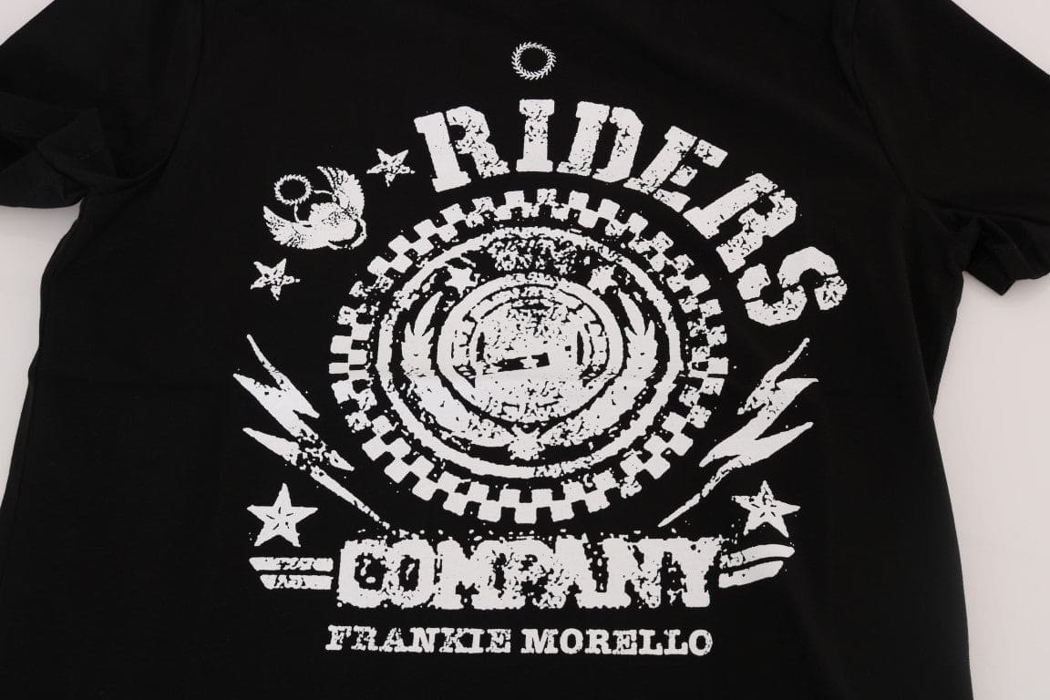 Camiseta elegante de cuello redondo negra con motivo 'RIDERS' de Frankie Morello