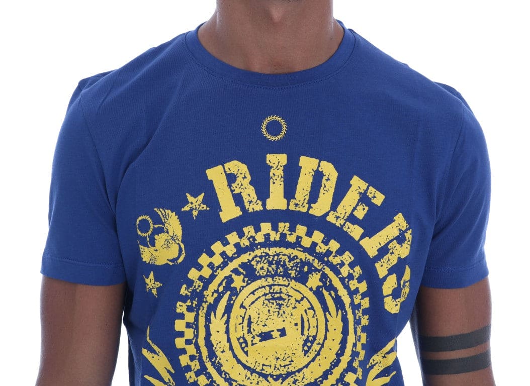 Frankie Morello Stylish Blue Riders Motif Cotton Tee