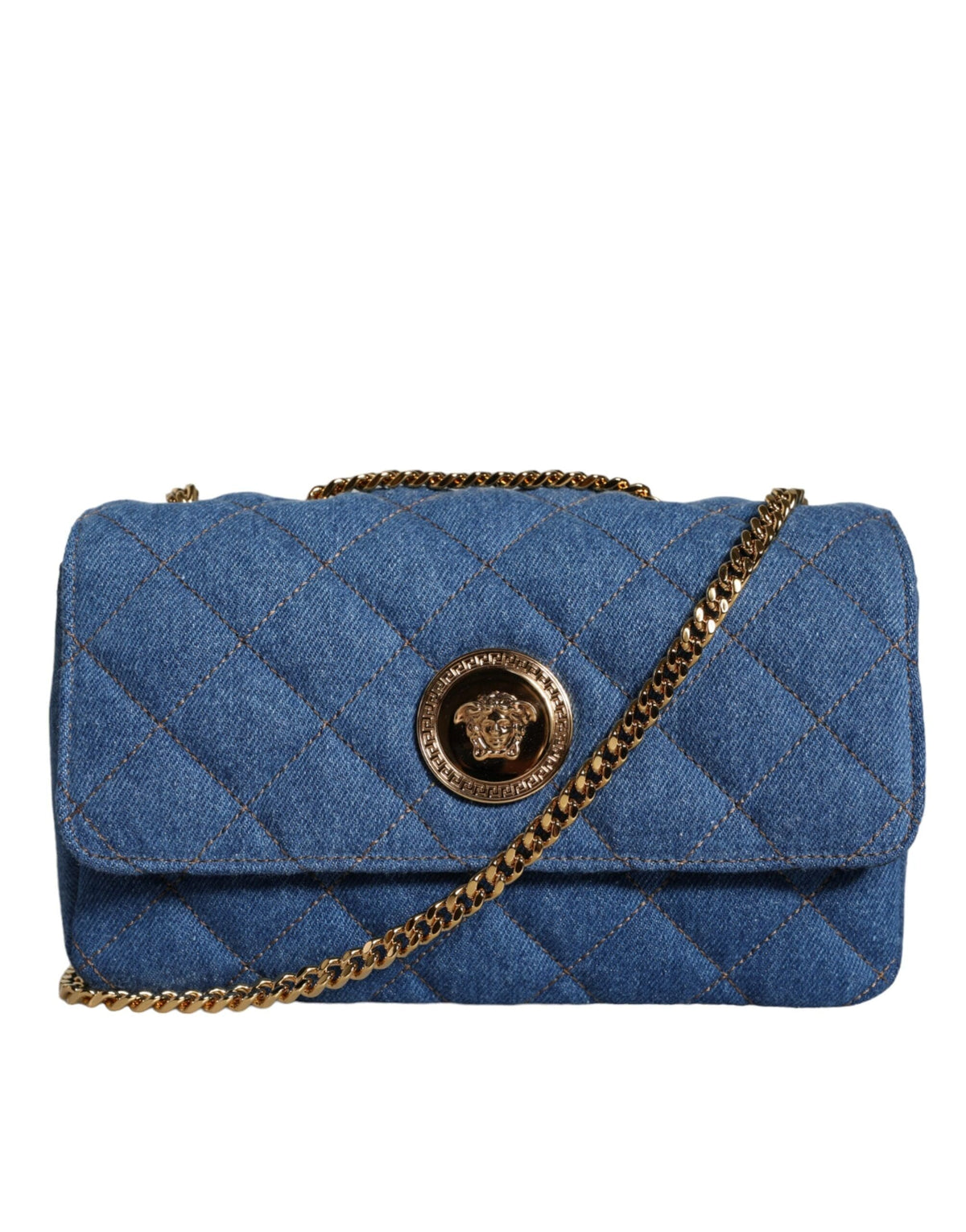 Versace Blue Quilted Denim Leather Crossbody Shoulder Bag