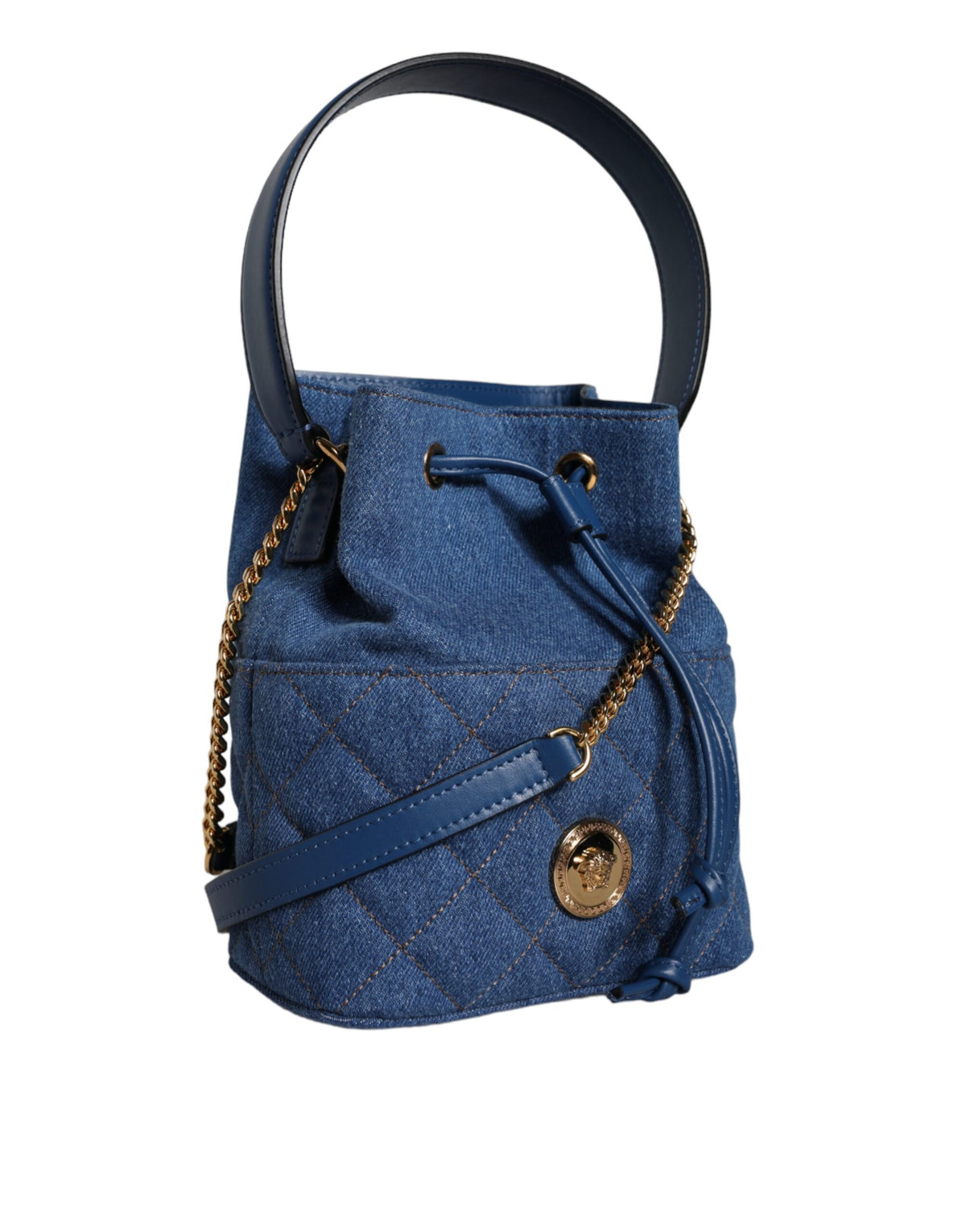 Versace Blue Quilted Denim Leather Crossbody Shoulder Bag