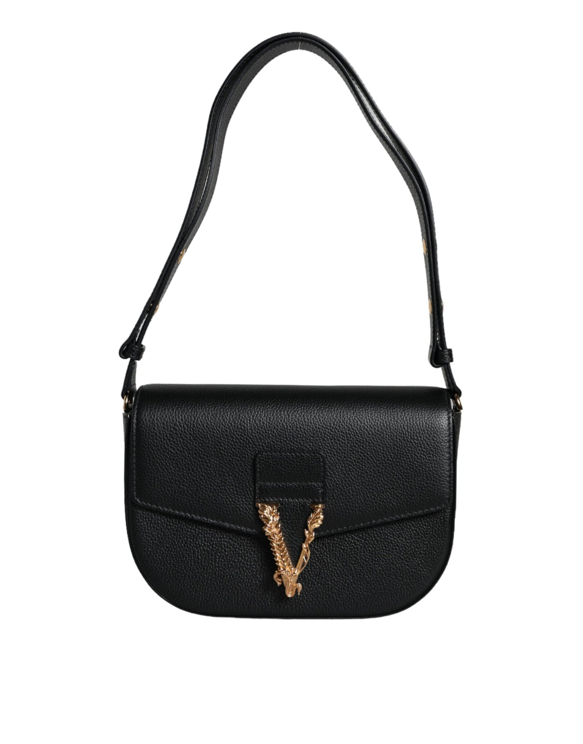 Versace Black Grainy Calf Leather Logo Crossbody Shoulder Bag