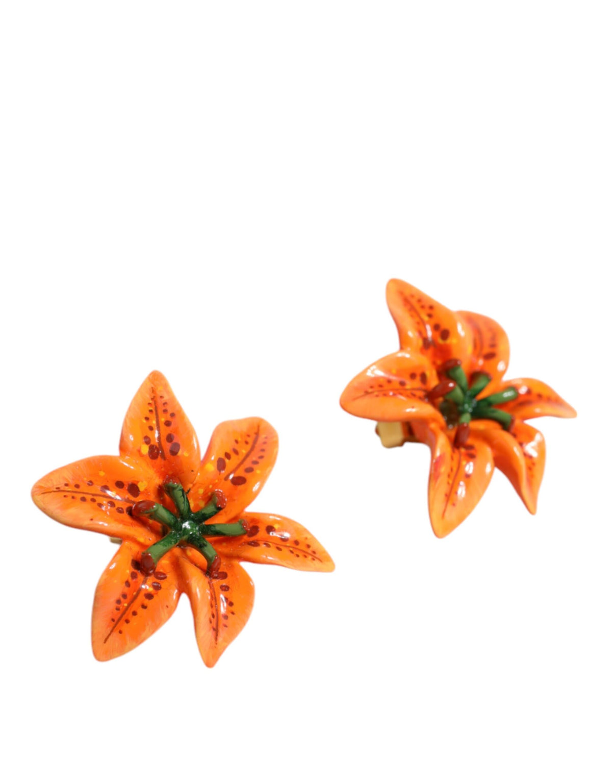 Dolce & Gabbana Orange Green Gold Brass Lily Flower Clip Floral Earrings