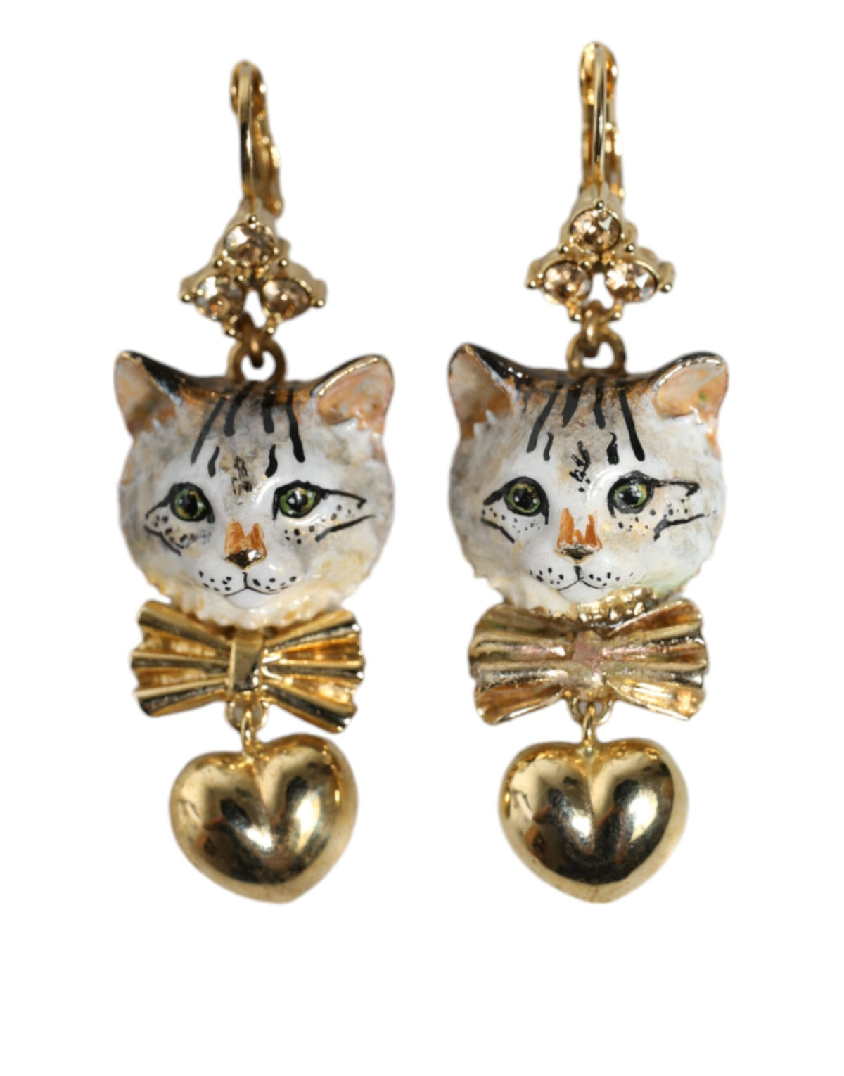 Dolce & Gabbana Gold Brass Heart Cat Crystal Pendant Clip Drop Earrings