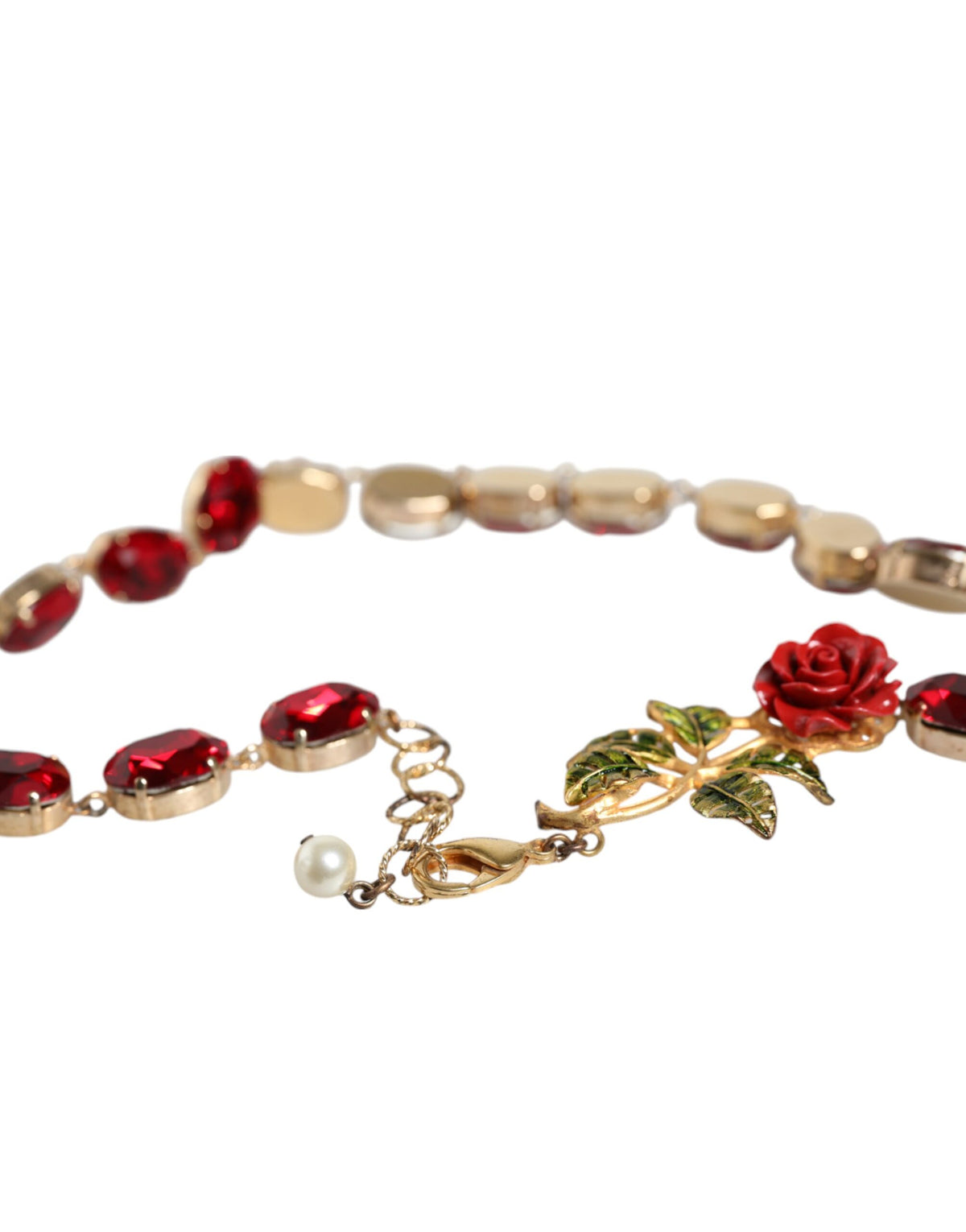 Dolce & Gabbana Gold Chain Brass Red Rose Crystal Embellished Necklace