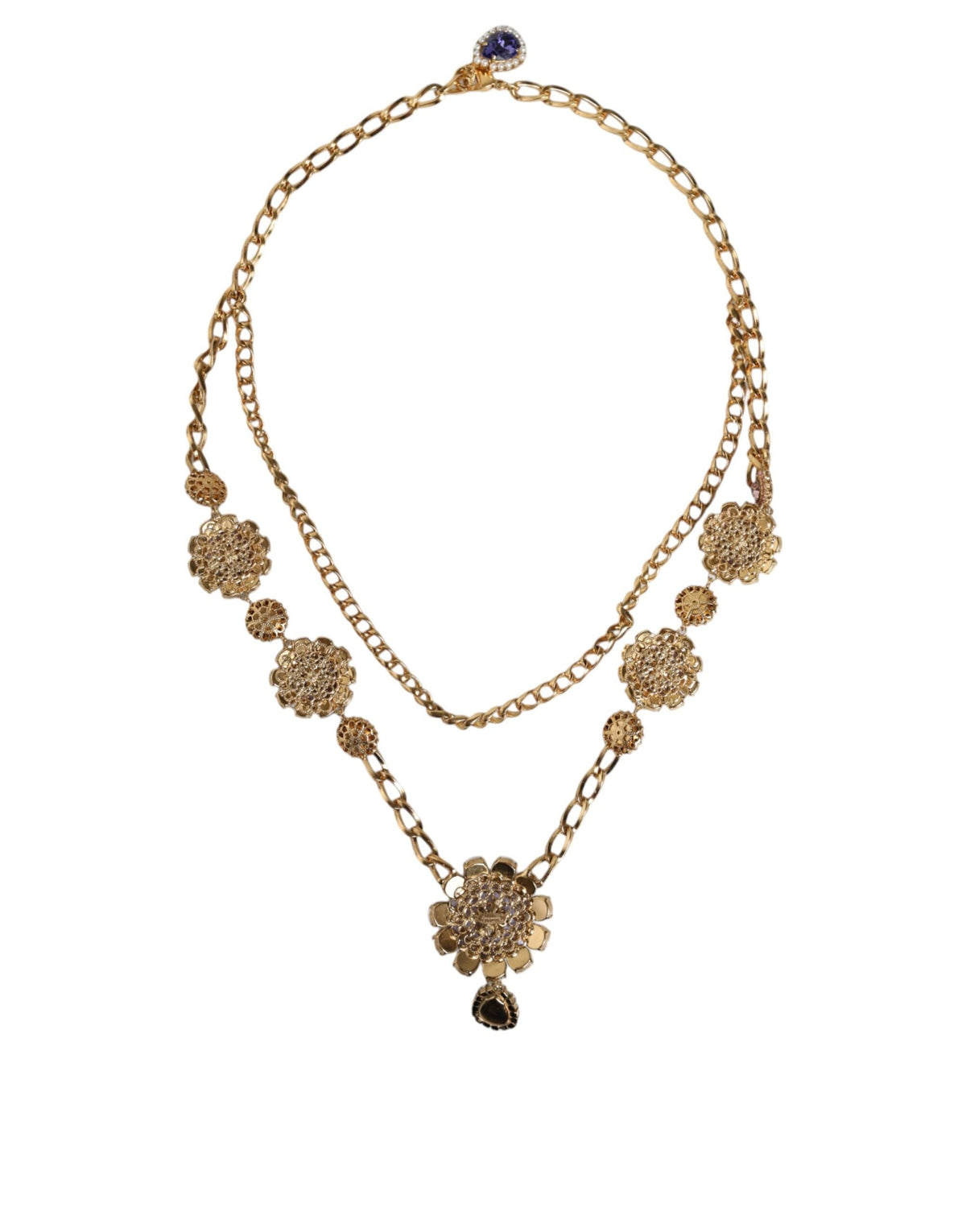 Dolce & Gabbana Gold Tone Floral Crystals Embellished Layered Necklace