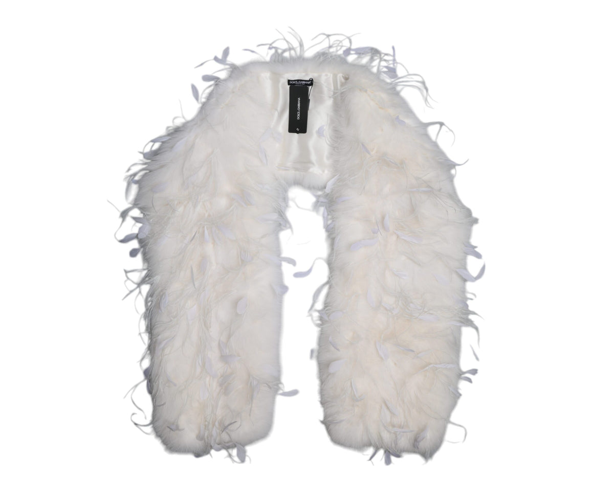 Dolce & Gabbana White Fox Rooster Feathers Neck Warmer Scarf