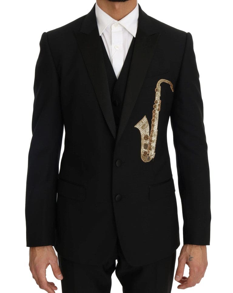 Elegante traje negro de tres piezas con bordado de saxofón de Dolce &amp; Gabbana