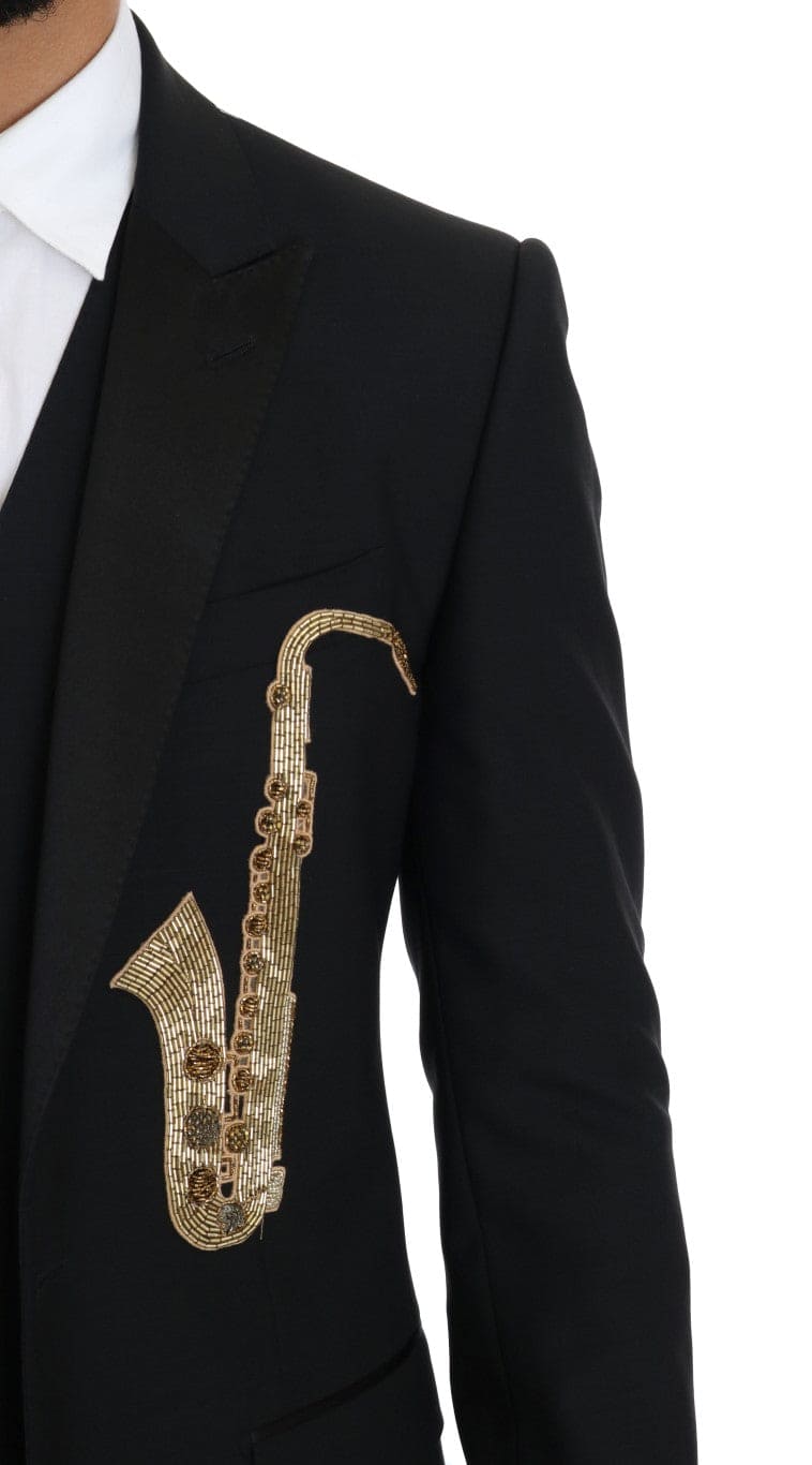 Dolce & Gabbana Elegant Black Three-Piece Suit with Saxophone Embroidery