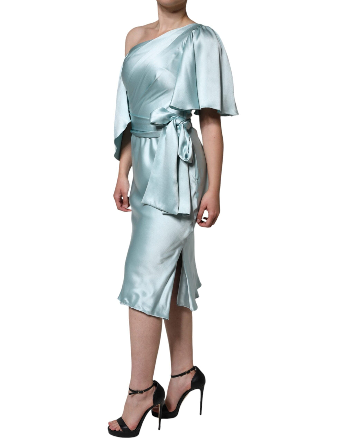 Dolce & Gabbana Mint Green Silk Fit Cut One Shoulder Dress