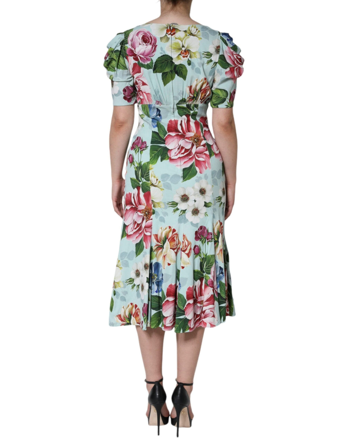 Dolce & Gabbana Green Floral Short Sleeves Round Neck Dress