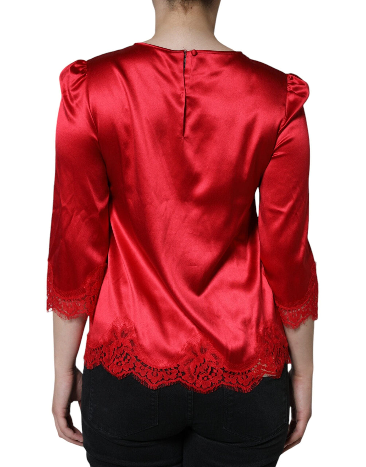 Dolce & Gabbana Red Satin Lace Trim Round Neck Blouse Top