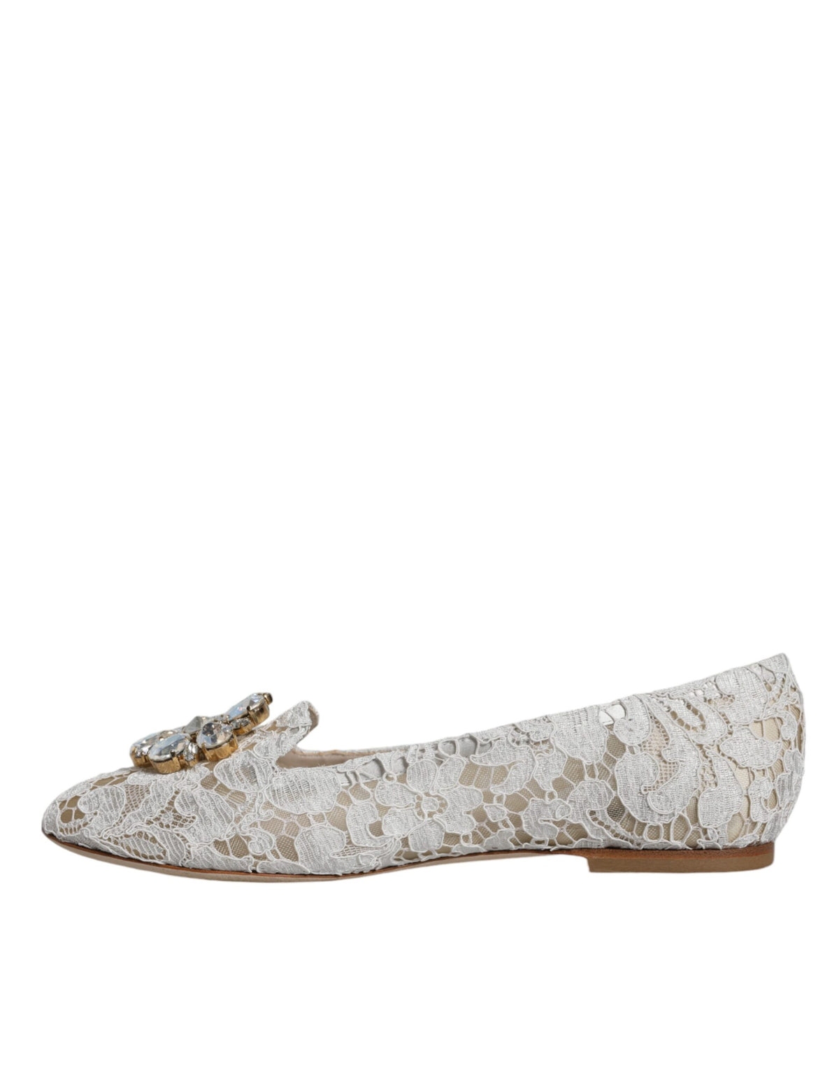 Dolce & Gabbana White Lace Crystal Ballet Flats Loafers Shoes