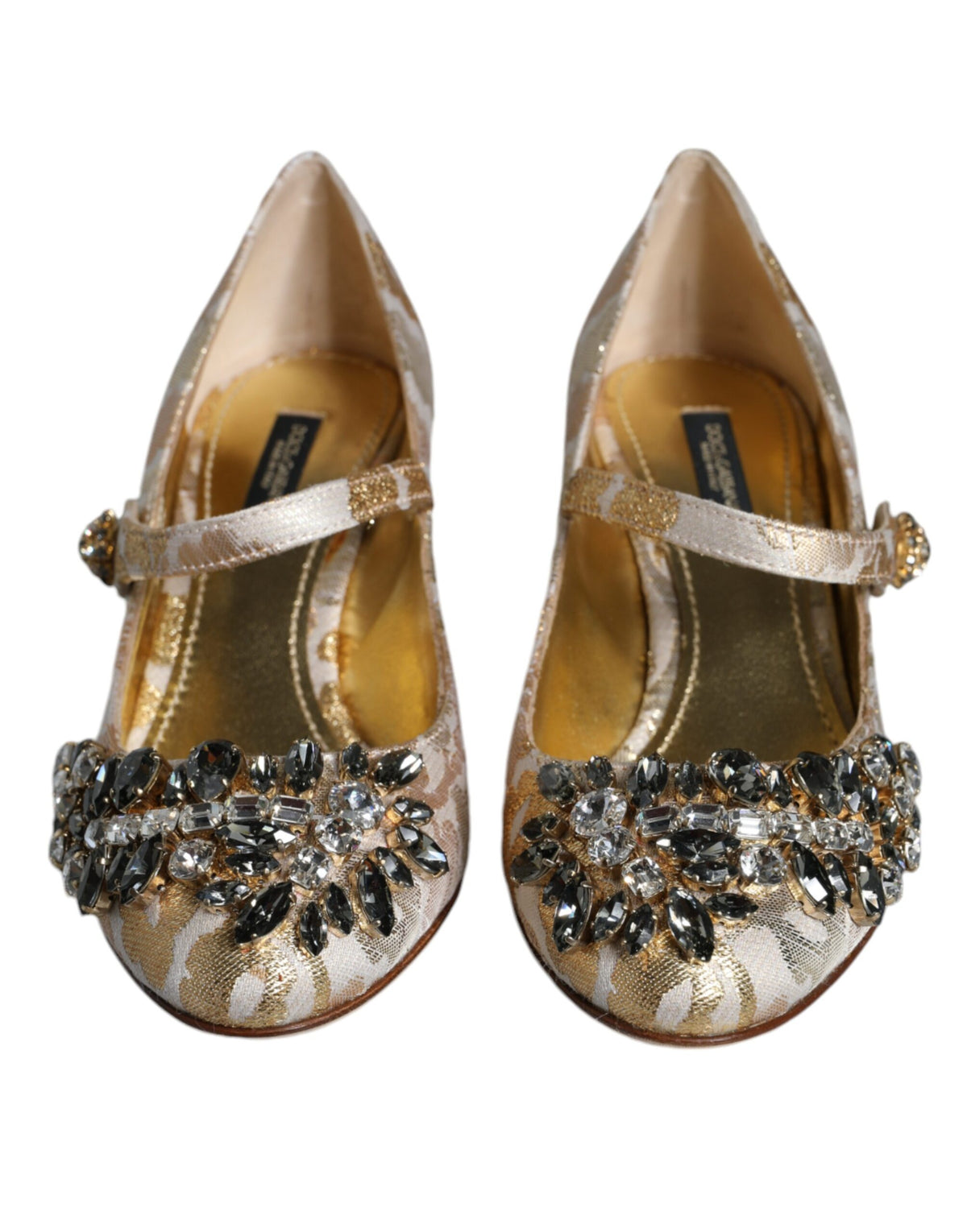 Dolce & Gabbana Gold Jacquard Crystal Mary Janes Pumps Shoes