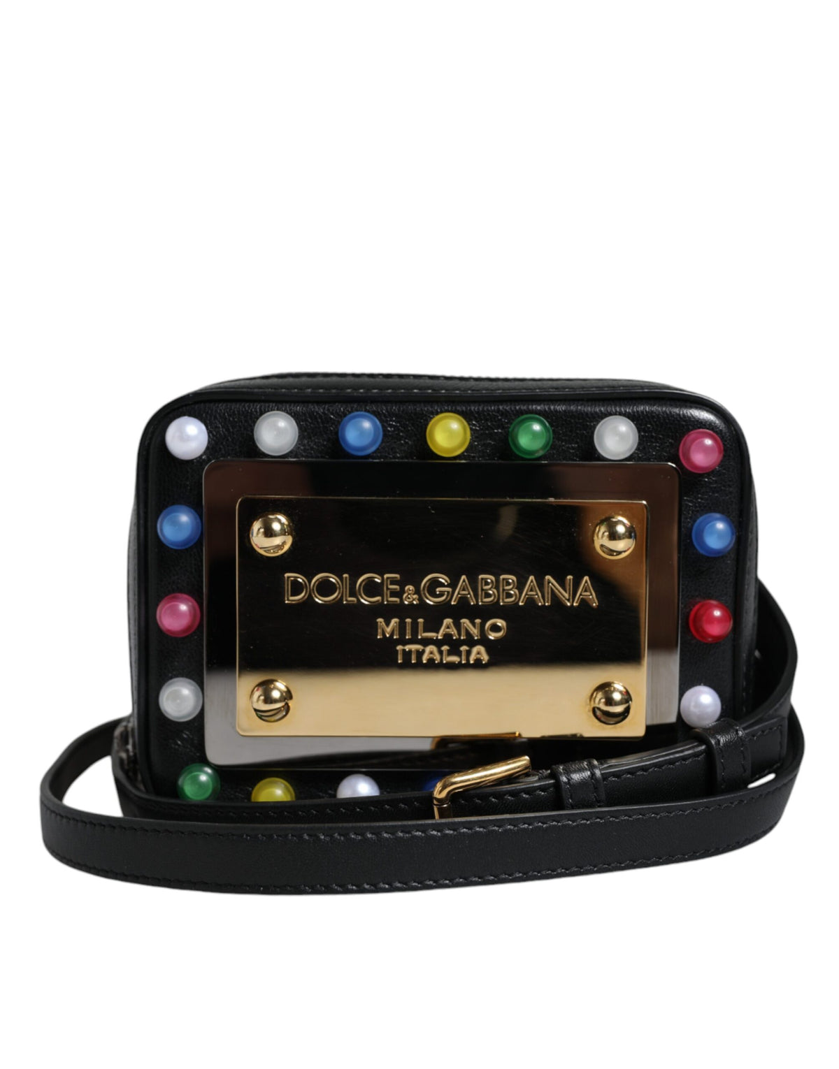 Dolce & Gabbana Black Leather LED Logo Shoulder Crossbody Bag