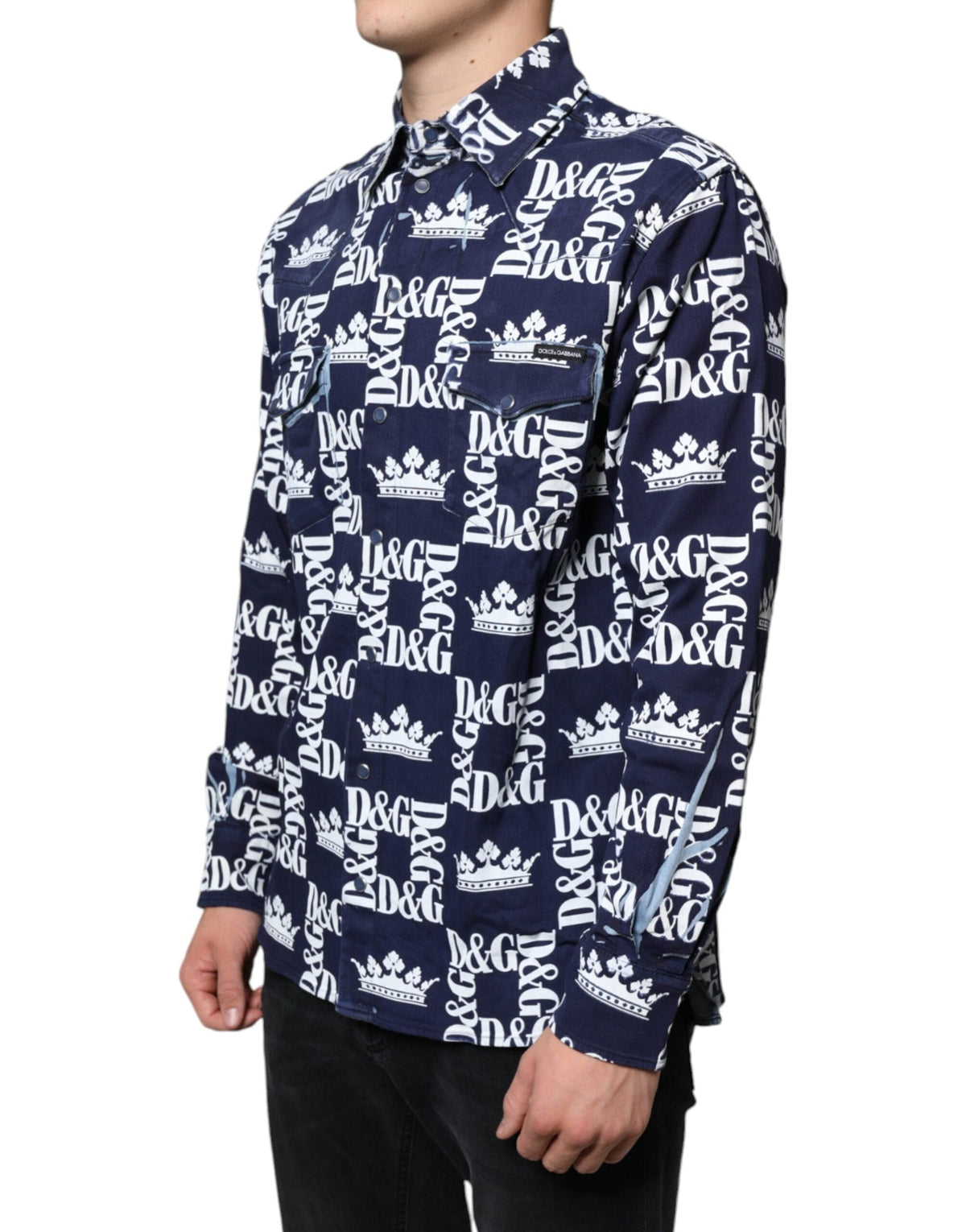 Dolce & Gabbana Blue Crown Logo Print Slim Fit Cotton Shirt