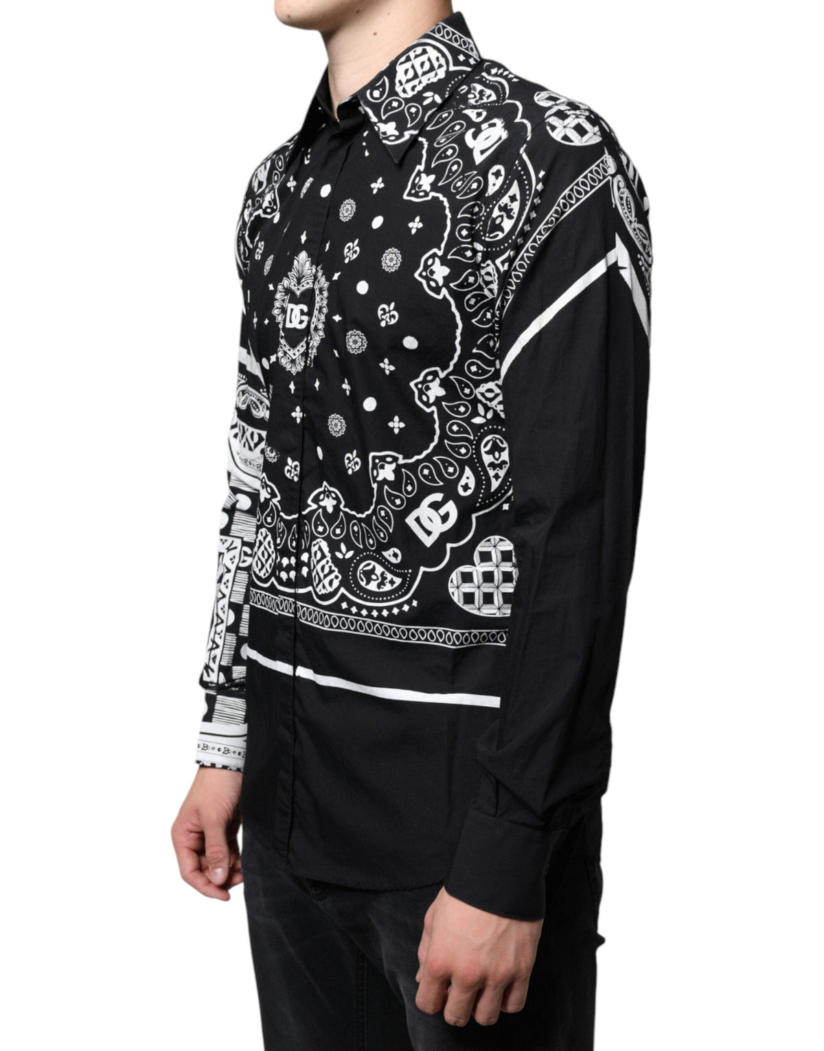 Dolce & Gabbana Black White Bandana Print Slim Cotton Shirt