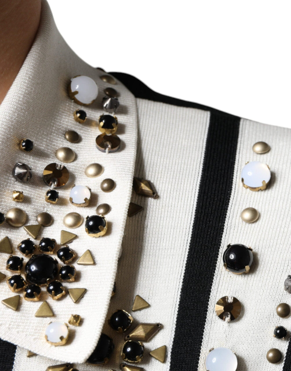 Dolce & Gabbana White Black Silk Studded Stone Crystal Shirt