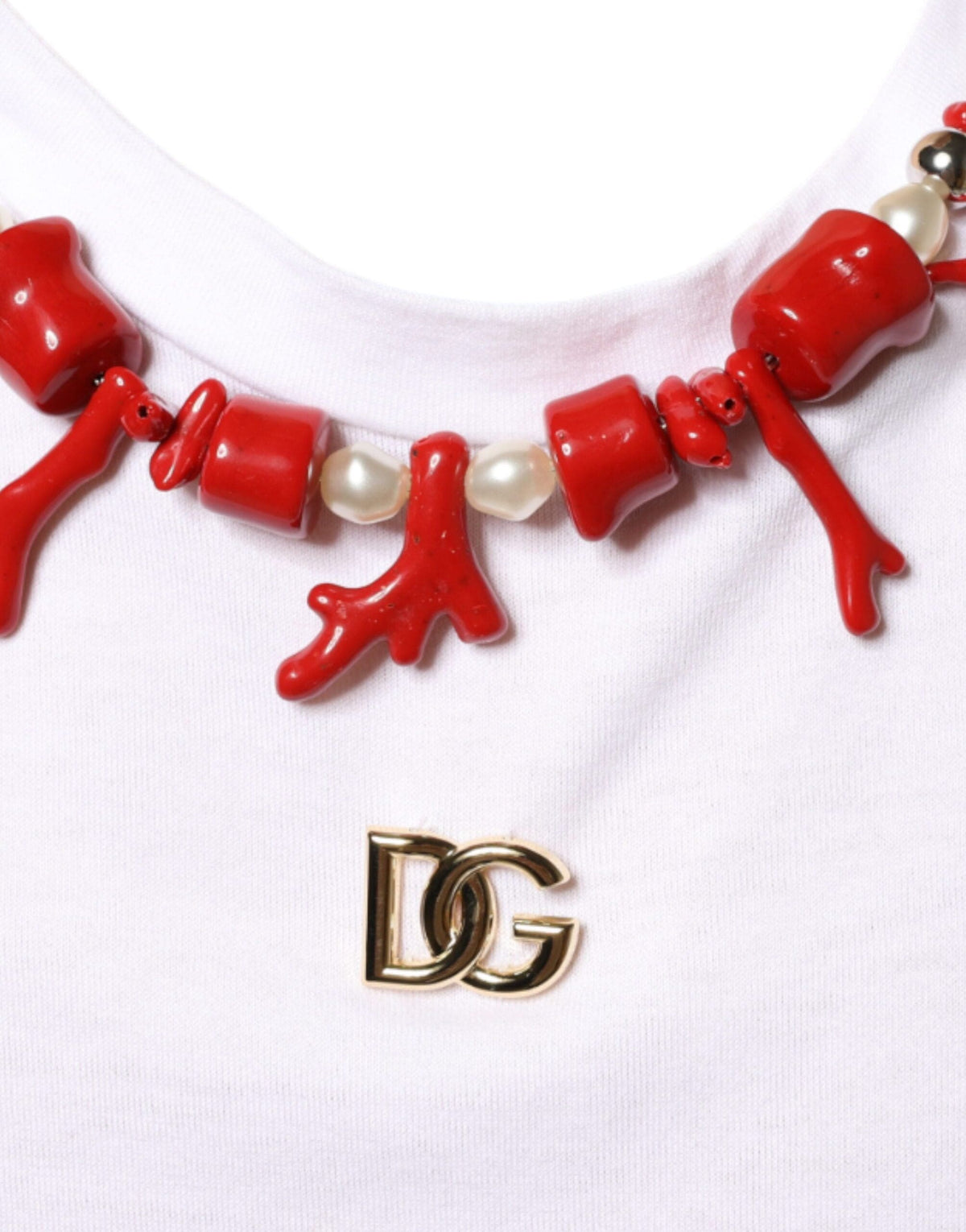 Dolce & Gabbana White Cotton Necklace Embellished T-shirt