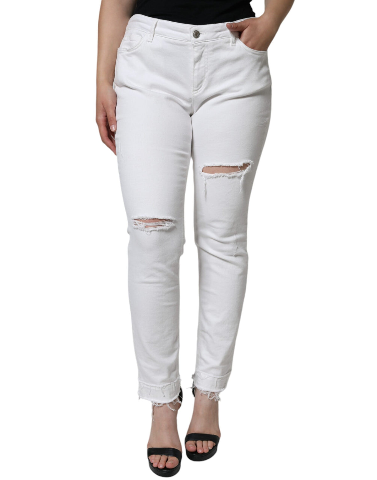 Dolce & Gabbana White Cotton Stretch Tattered Skinny Jeans