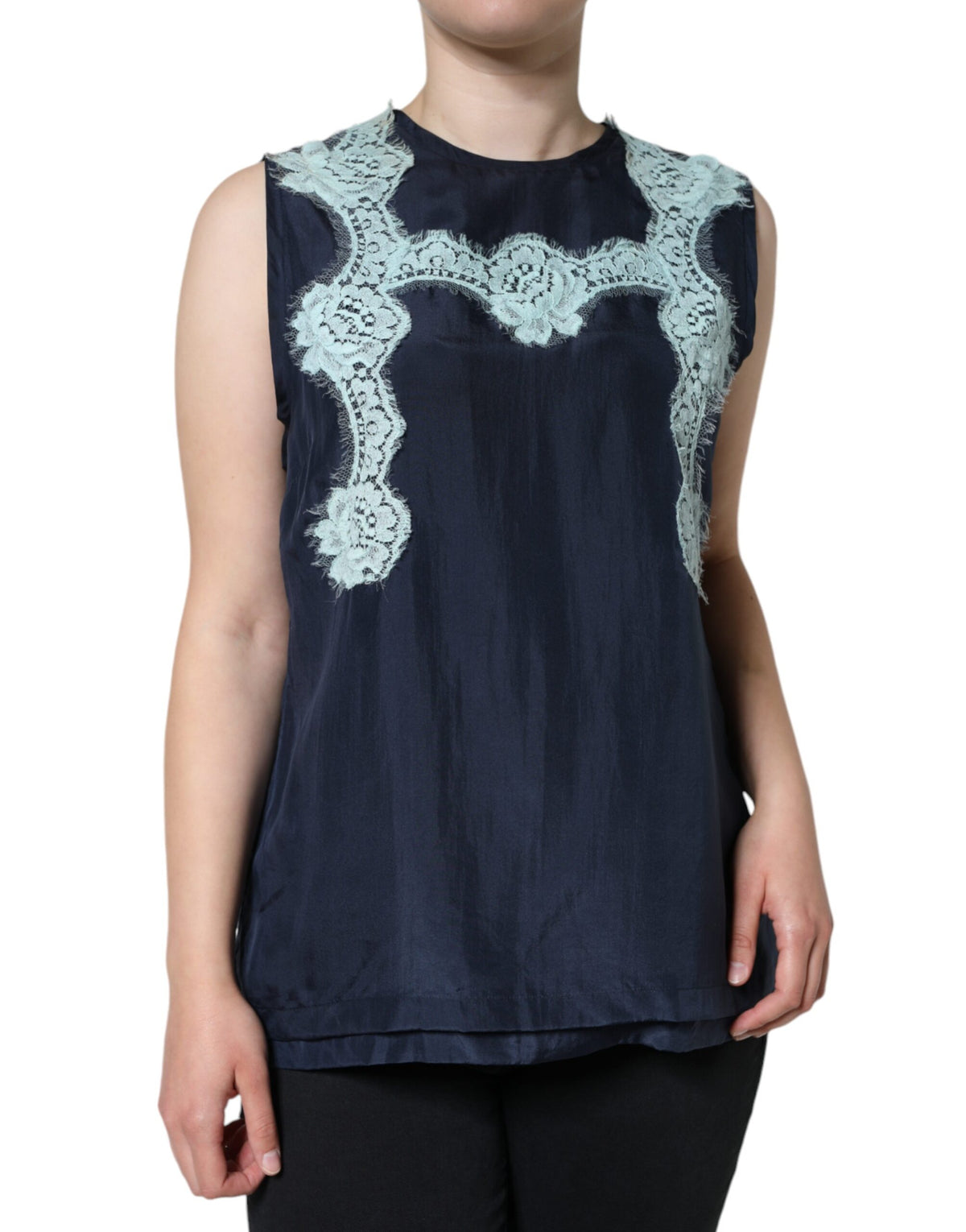 Dolce & Gabbana Blue Floral Lace Silk Sleeveless Tank Top