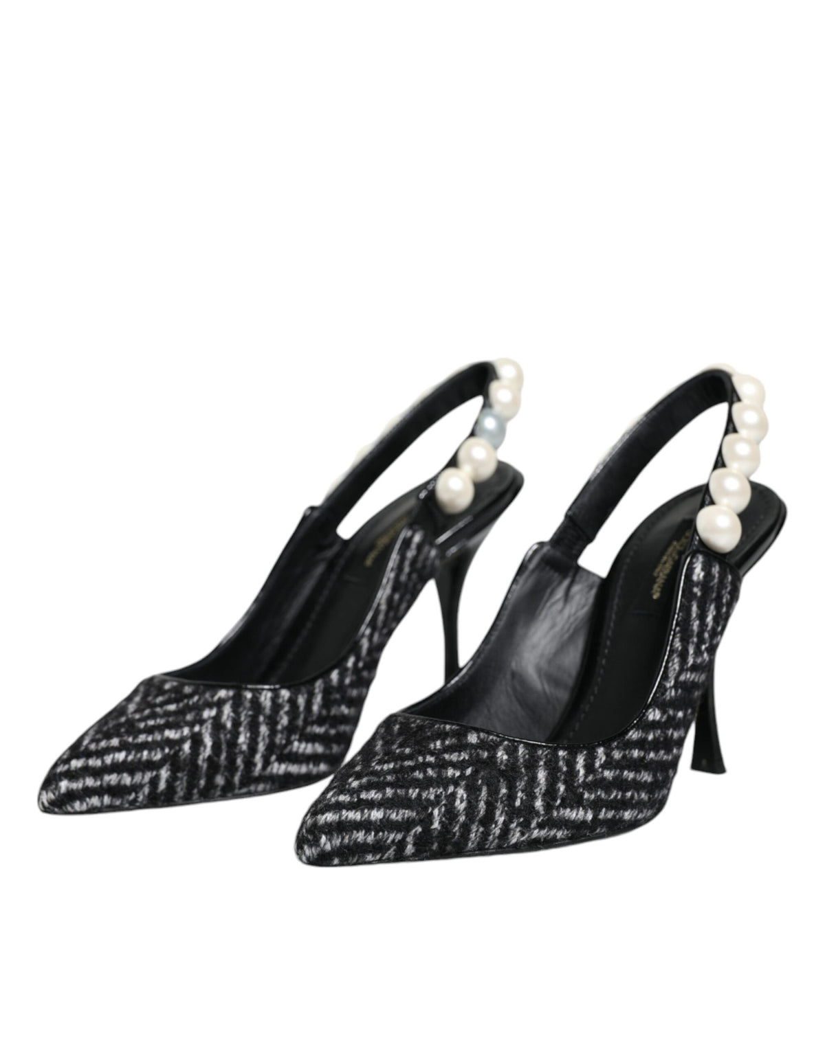 Dolce & Gabbana White Black Chevron Faux Pearl Slingback Shoes