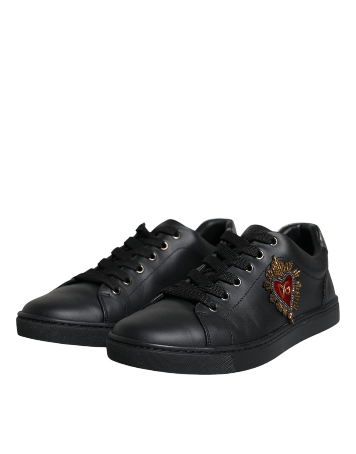 Dolce & Gabbana Black Leather Heart Embellished Sneakers Shoes