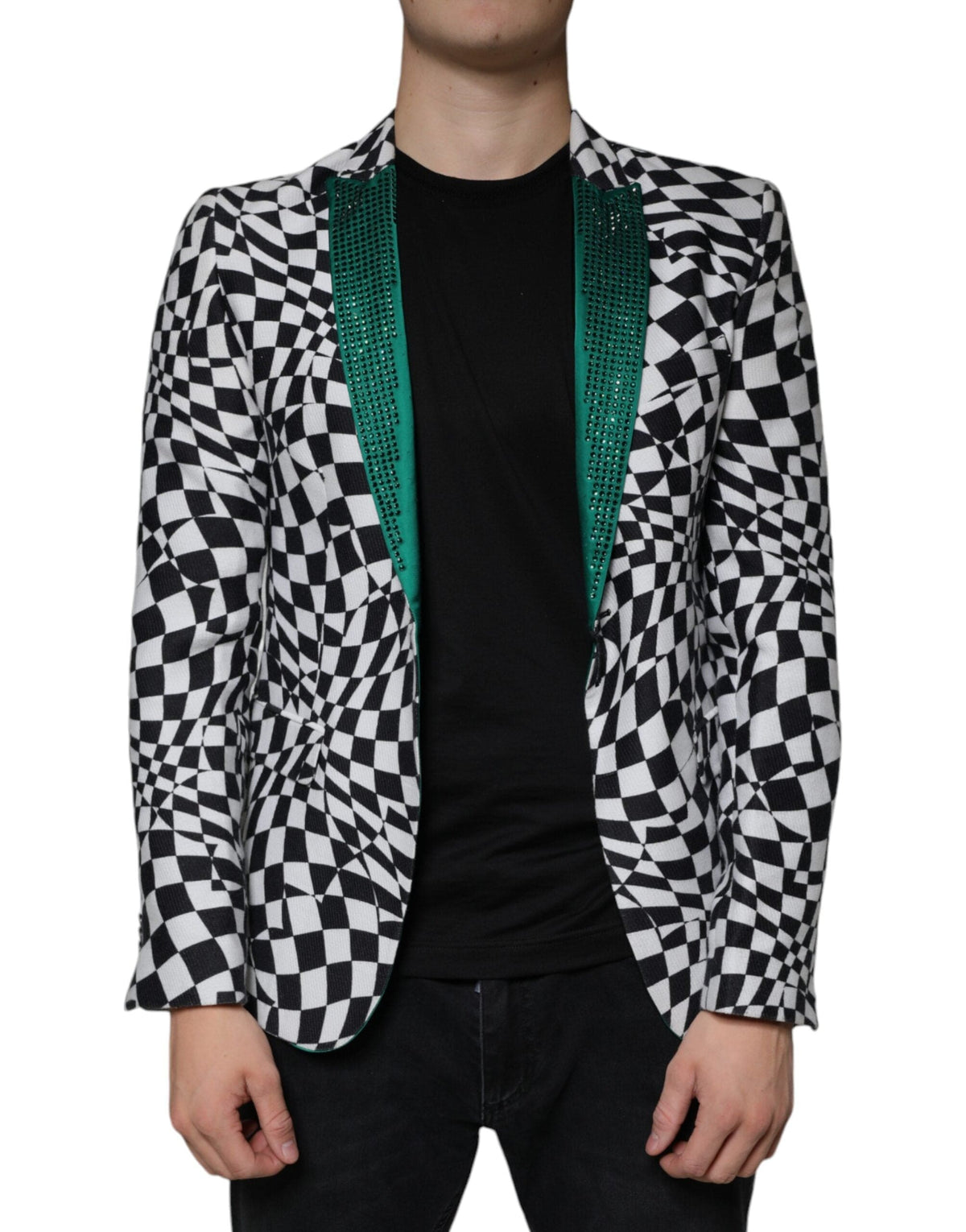 John Richmond Black White Checkered Crystal Single Breasted Blazer