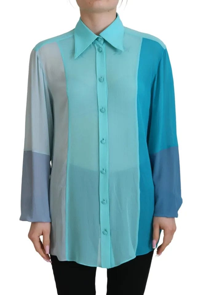 Dolce & Gabbana Blue Collar Long Sleeve Blouse Silk Top