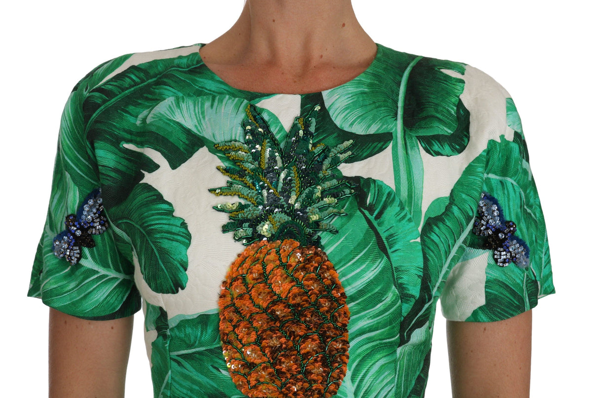 Vestido elegante de corte A con estampado de hojas de plátano verde de Dolce &amp; Gabbana