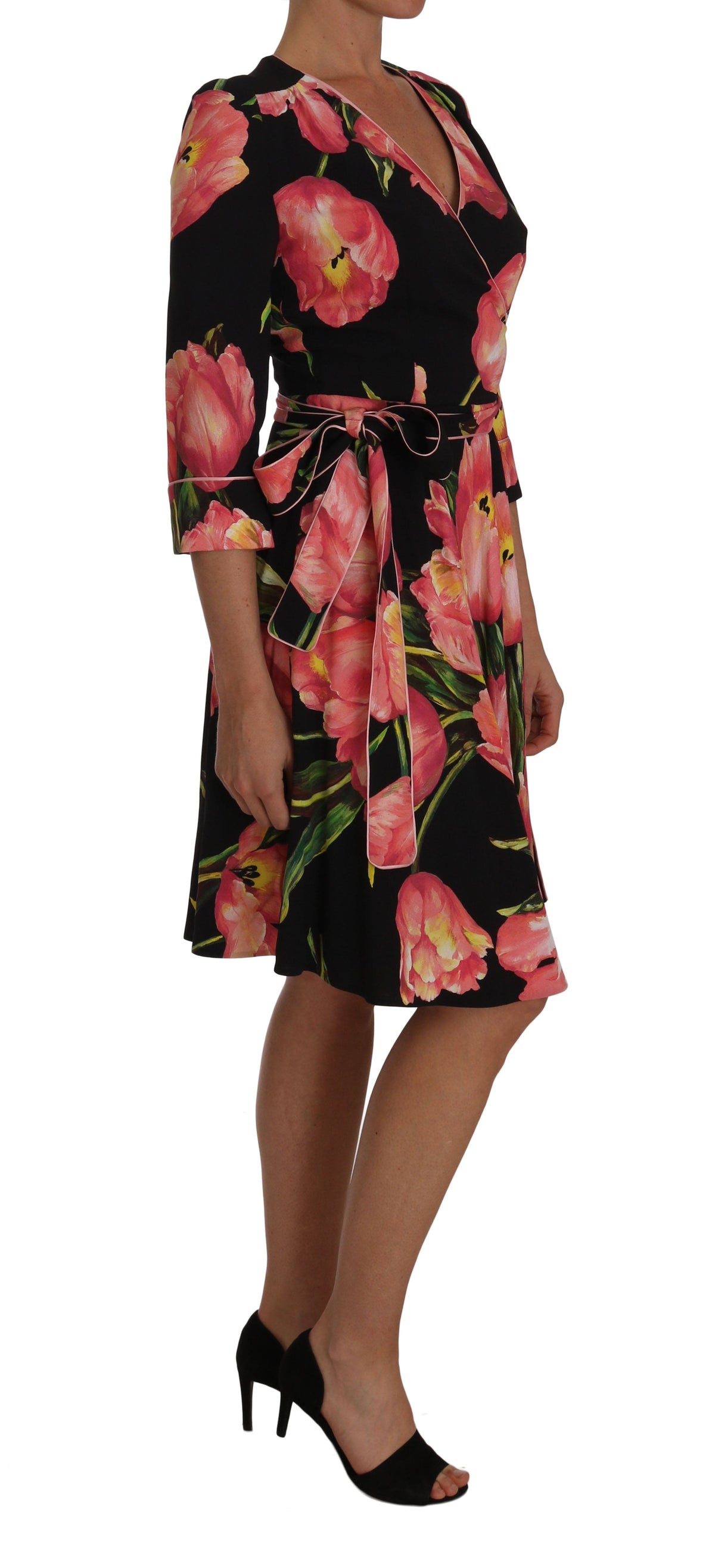 Robe fourreau noire élégante à imprimé tulipes roses Dolce &amp; Gabbana