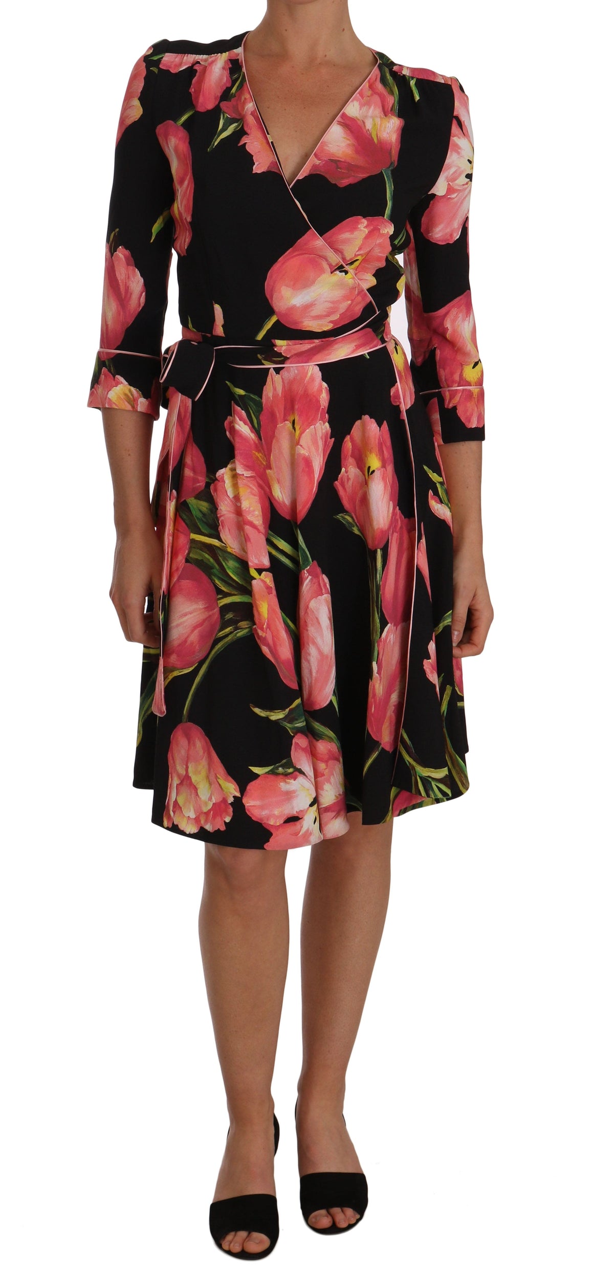 Robe fourreau noire élégante à imprimé tulipes roses Dolce &amp; Gabbana