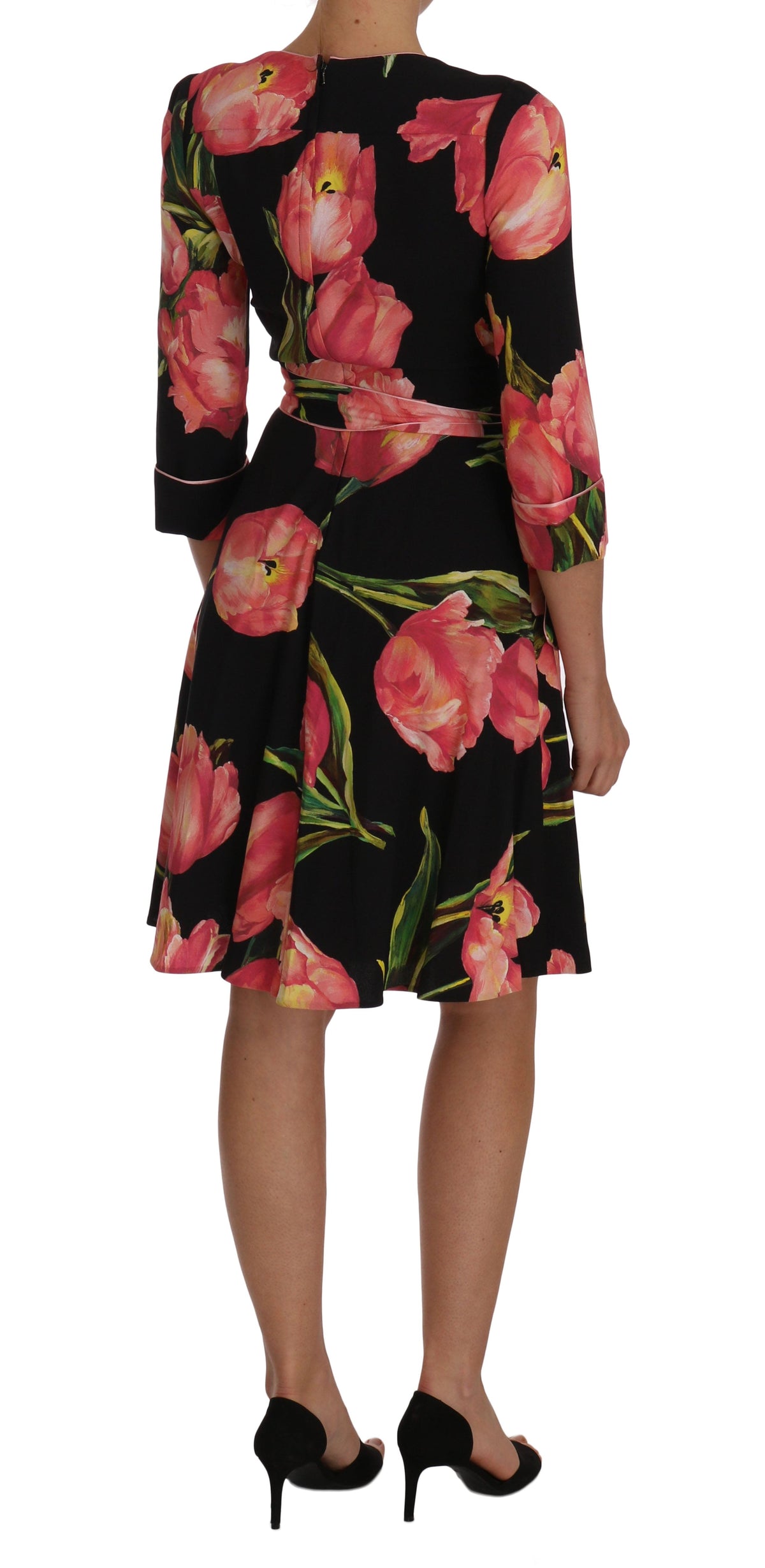 Robe fourreau noire élégante à imprimé tulipes roses Dolce &amp; Gabbana