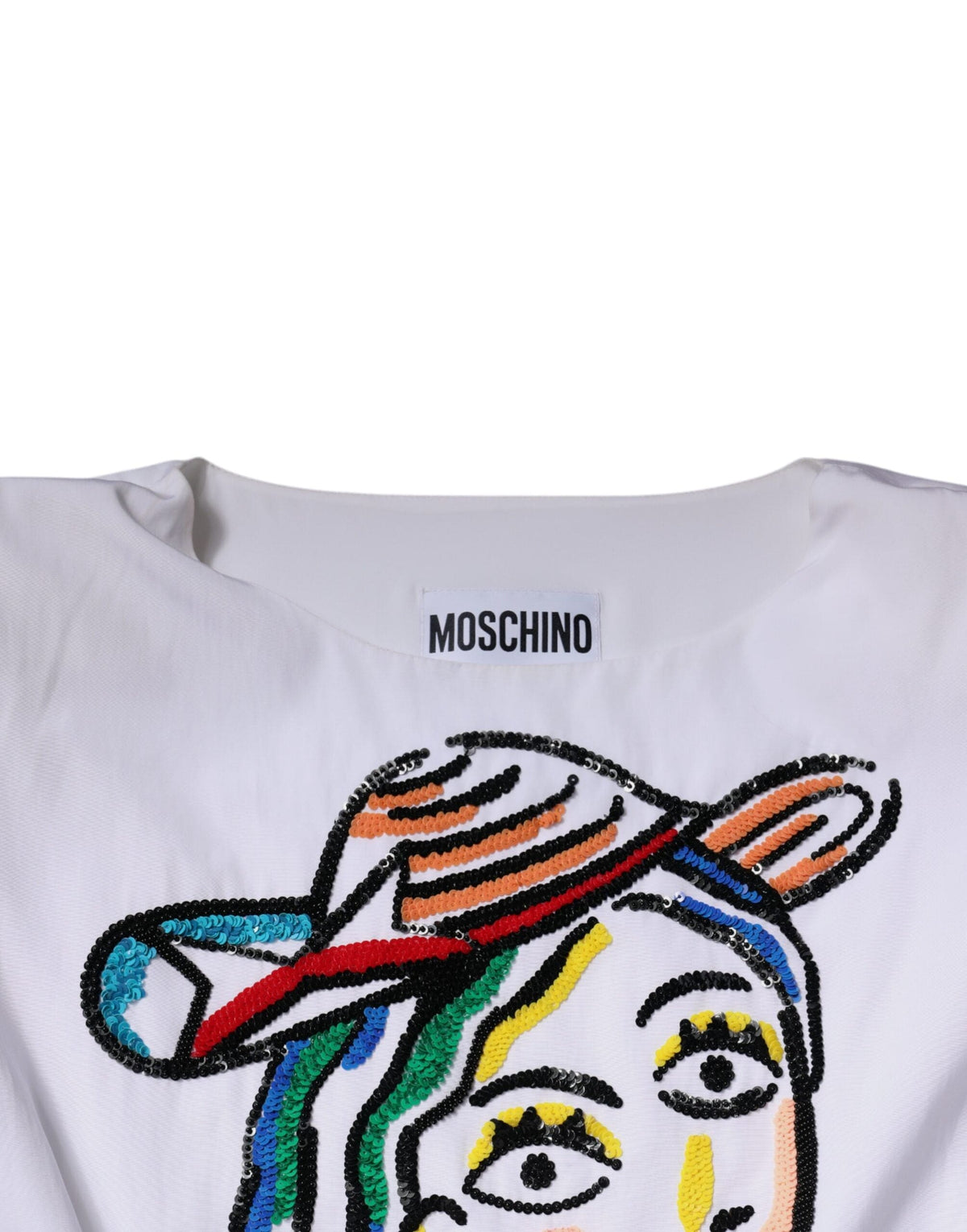Robe fourreau courte en viscose imprimée blanche Moschino Couture