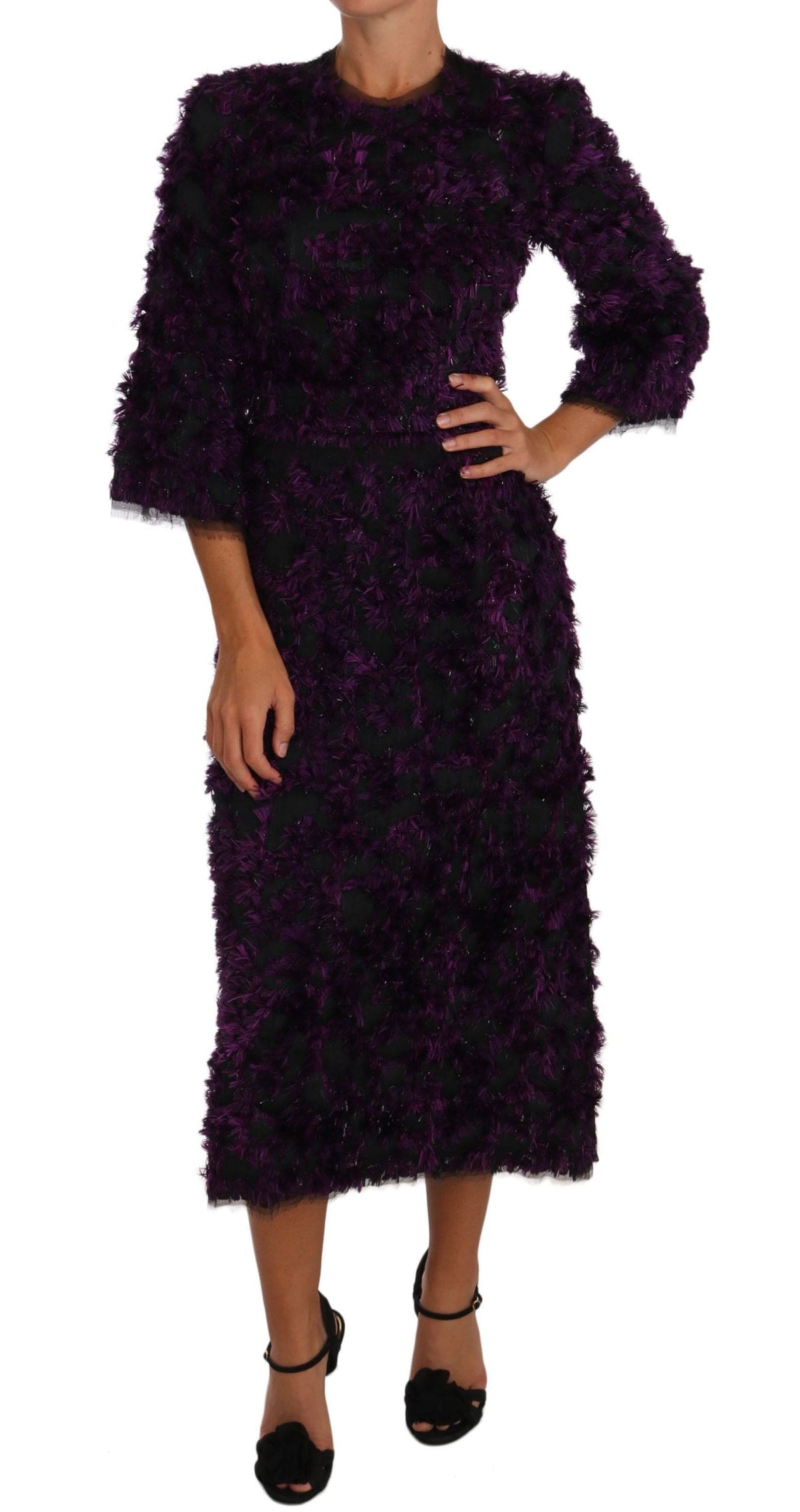 Vestido elegante con flecos en violeta y negro de Dolce &amp; Gabbana