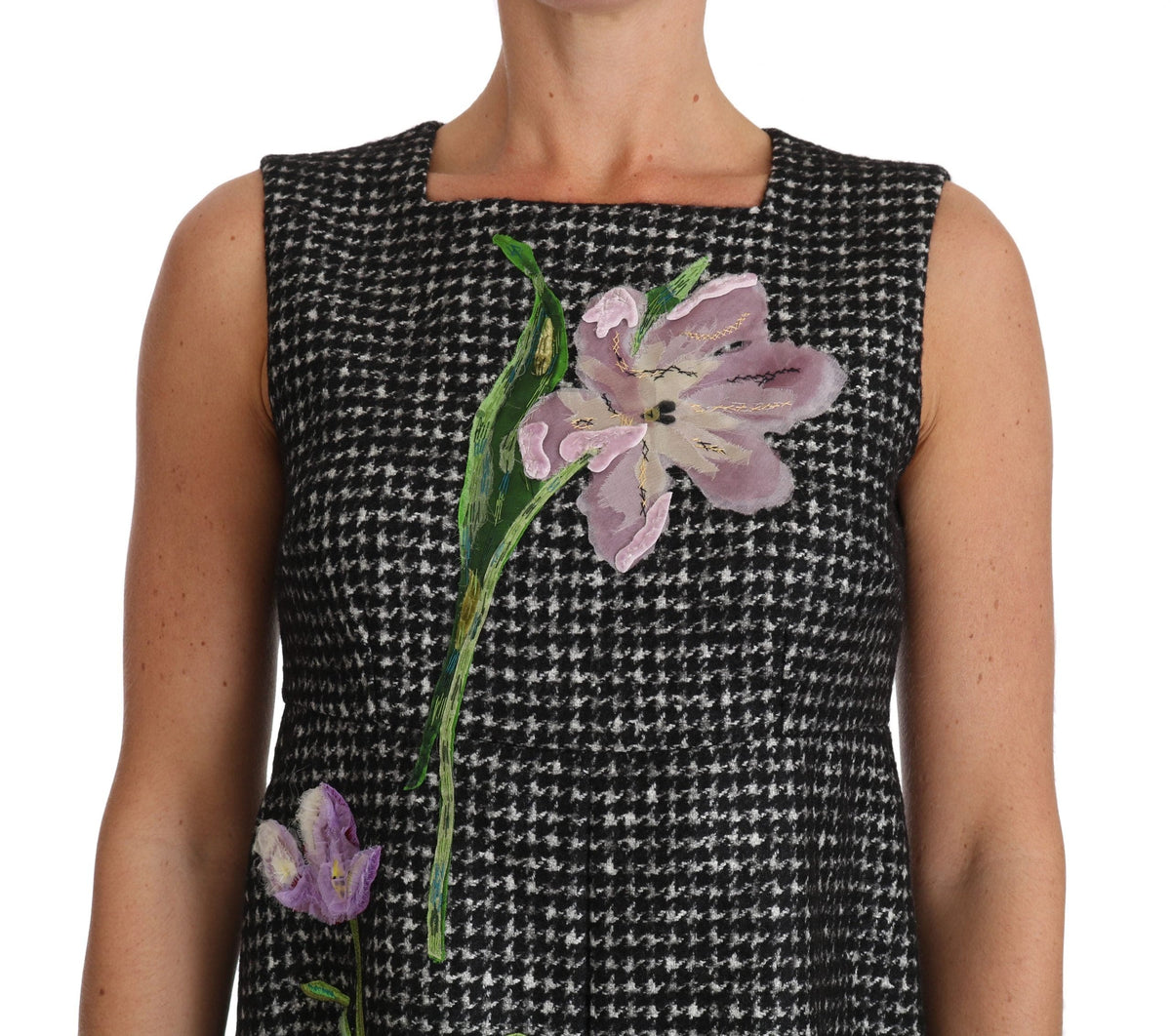 Elegante vestido mini en forma de A gris con tulipanes morados de Dolce &amp; Gabbana